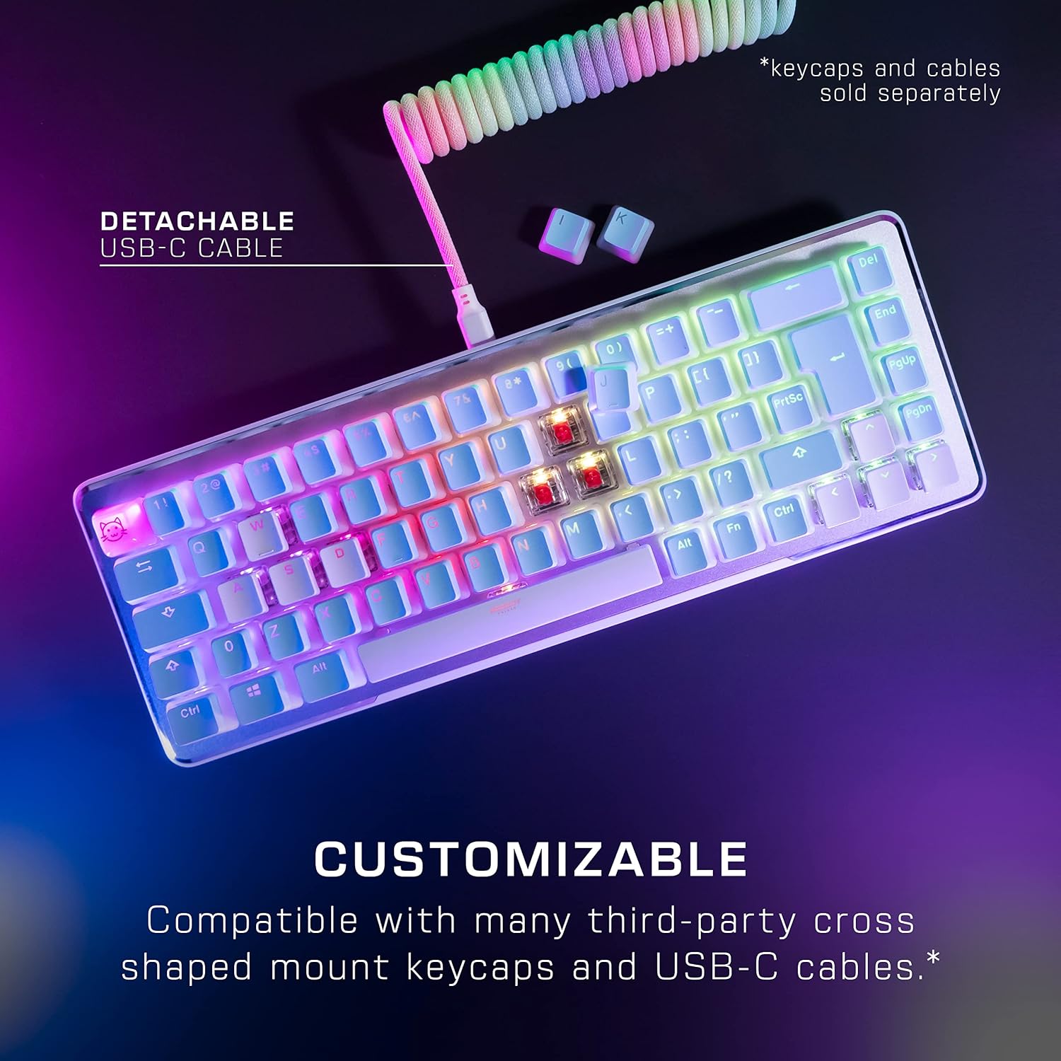 Roccat Vulcan II Mini–65% Optical PC Gaming Keyboard with Customizable RGB Illumination, Detachable Cable, Button Duplicator, On-board profiles, Aluminum Plate, 100 million Keystroke Durability -White