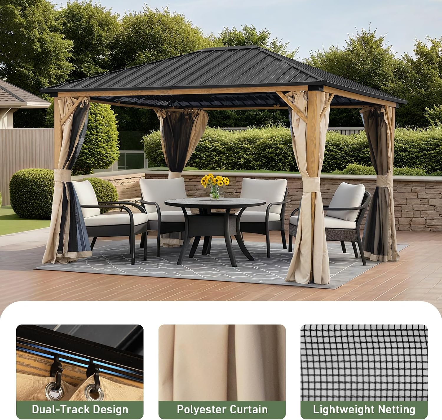 Aoodor 10 x 12 ft. Outdoor Hardtop Gazebo, Wooden Finish Coated Aluminum Frame Gazebo with Curtains and Mosquito Nettings for Patio, Garden, Backyard