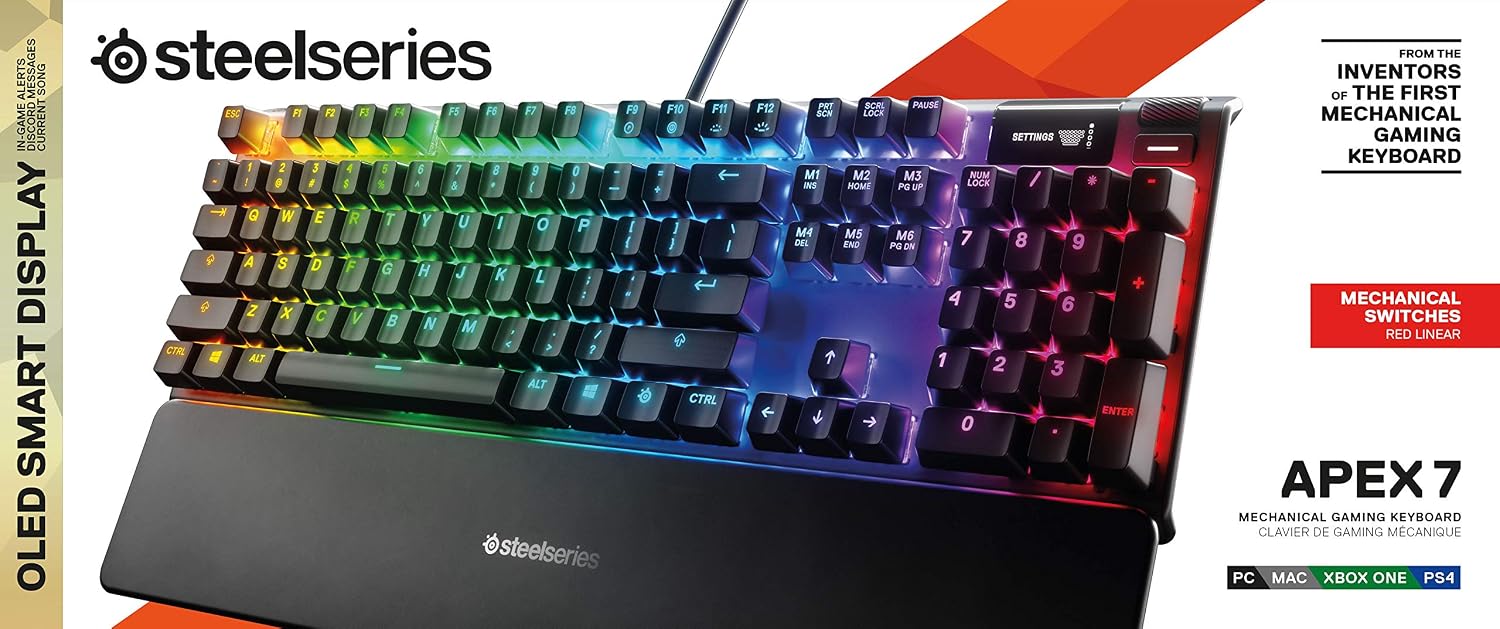 SteelSeries Apex 7 Mechanical Gaming Keyboard – OLED Smart Display – USB Passthrough and Media Controls – Linear , Quiet – RGB Backlit (Red Switch)