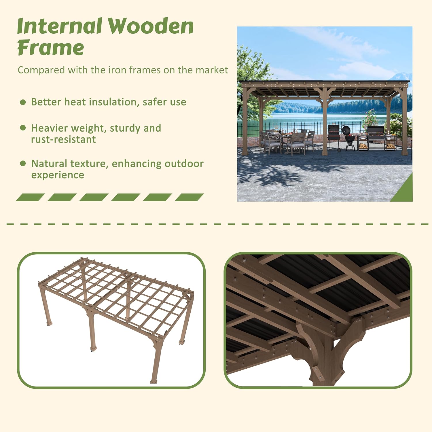 VEIKOU 10'x20' Outdoor Patio Gazebo with 5.5' Width Wood Posts, BBQ Backyard Shelter, Grill Gazebo with Sloping Steel Roof Design & Cedar Frame for Barbecue, Garden, Deck, Light Mocha Brown