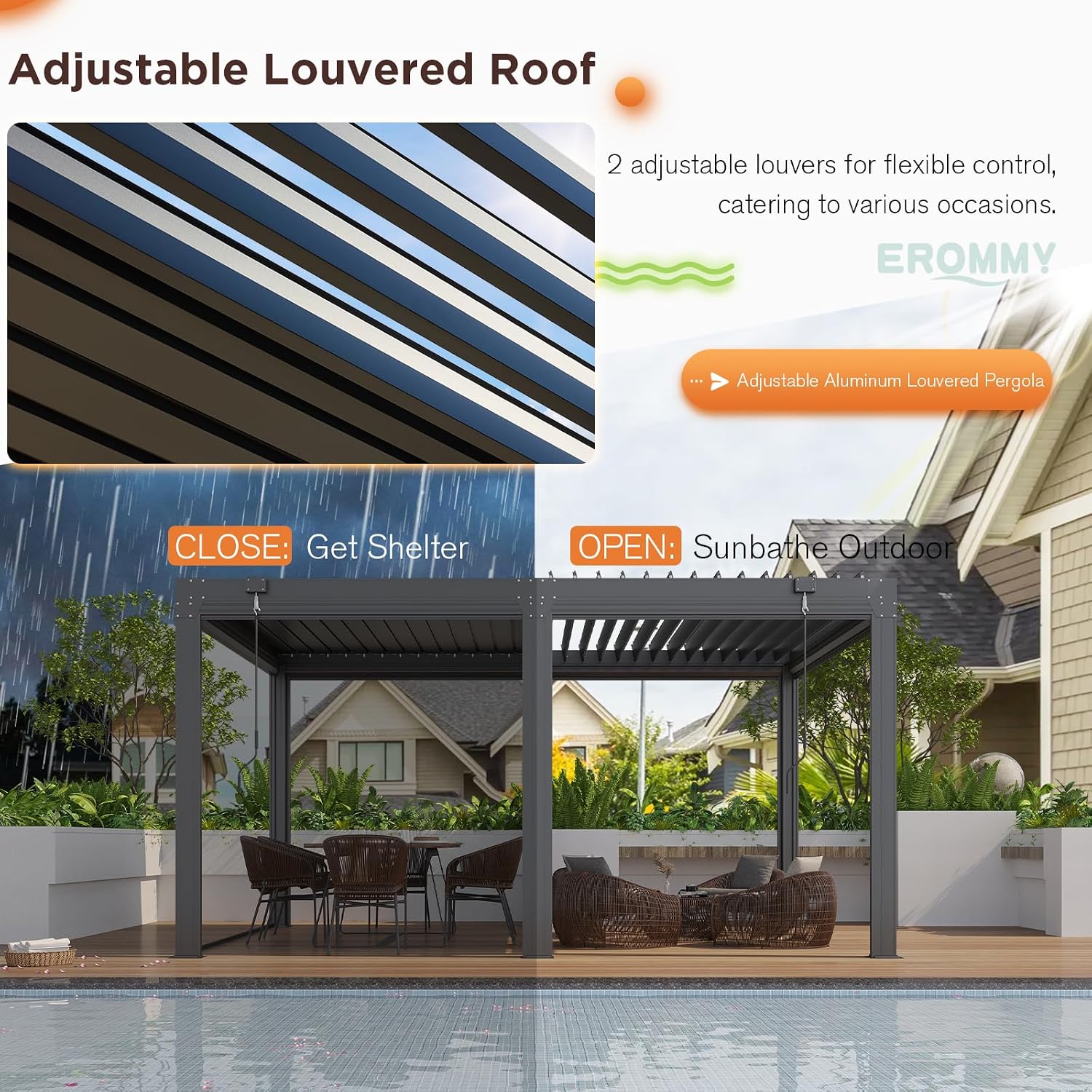 EROMMY 12x16 Louvered Pergola with Side Pull-Down Screen, Outdoor Aluminum Pergola with Thickened Frame and Adjustable Metal Rainproof Roof for Deck Patio Garden Yard, Black-Gray