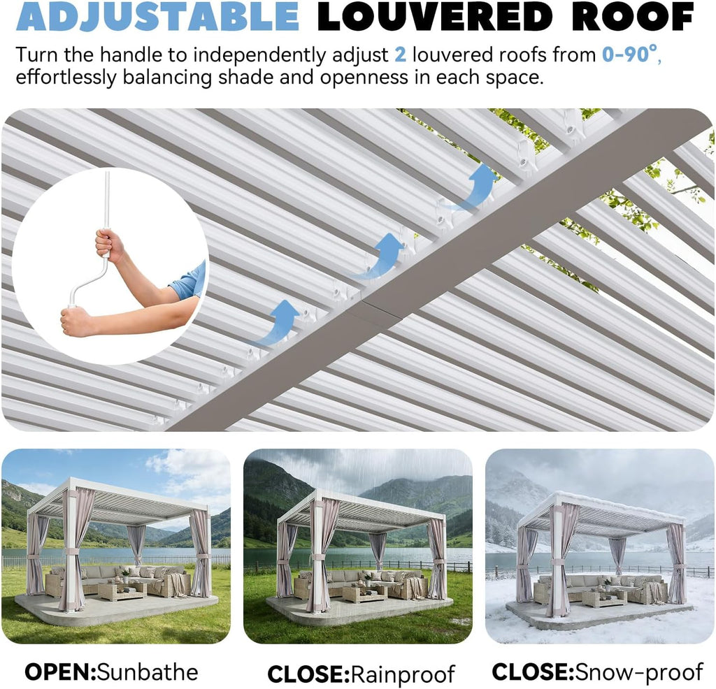 MELLCOM Louvered Pergola 10x12, Steel Aluminum Pergola with Adjustable Louvered Roofs, Outdoor Gazebo with Waterproof Curtains and Nets, White