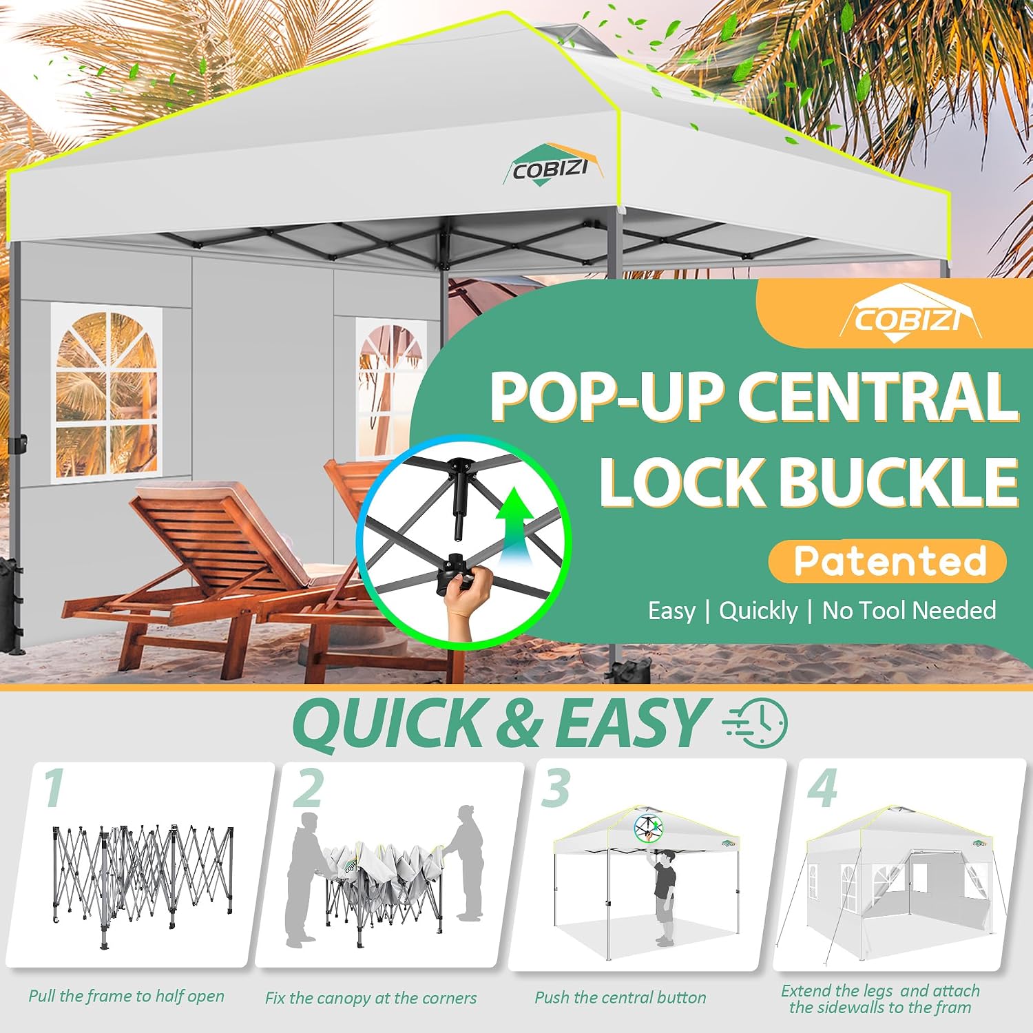 COBIZI 10x10 Pop up Canopy Tent with Sidewalls, One Push Setup, Waterproof & UV 50+ Outdoor Commercial Event Gazebo with Air Vent, Reflective Strip, 4 Sandbags Tents for Parties/Backyard/Camping,White