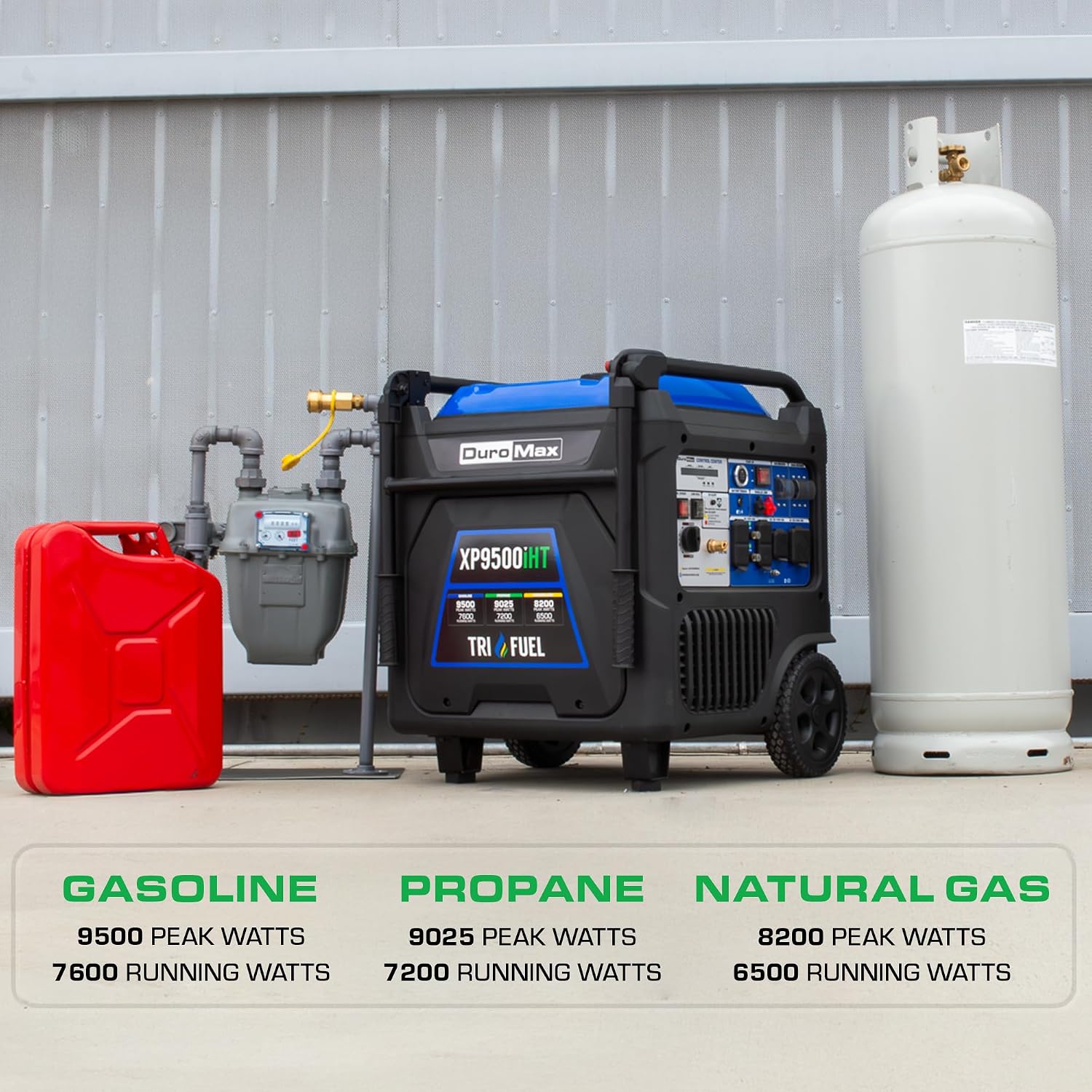 DuroMax XP9500iHT 9,500-Watt Tri Fuel Portable Digital Inverter Generator - Gas, Propane & Natural Gas, Remote Electric Start, Whole Home Power Backup, Transfer Switch Ready, RV & Emergency Ready