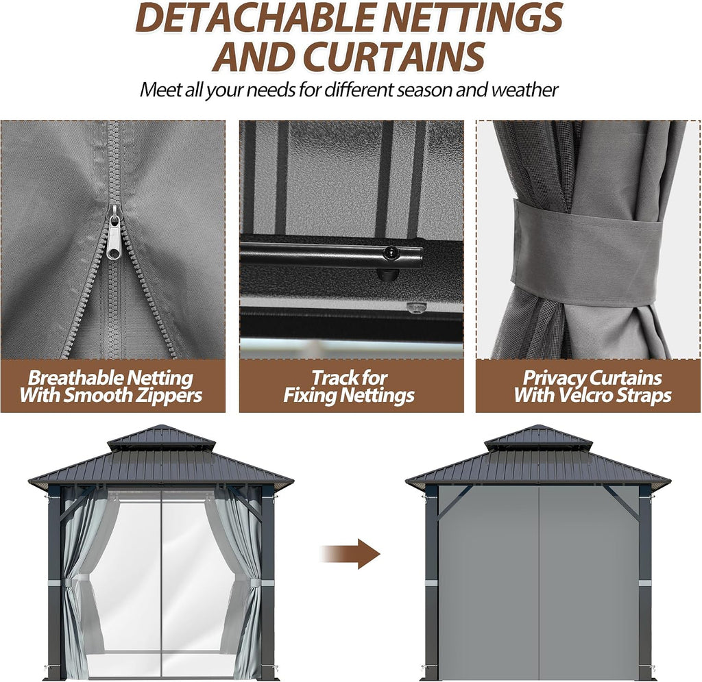 8.5' x 8.5' Hardtop Gazebo, Galvanized Steel Double Roof Gazebo with Nettings and Curtain Outdoor Aluminum Frame Vertical Stripes Roof Gazebos for Patio, Backyard, Lawn