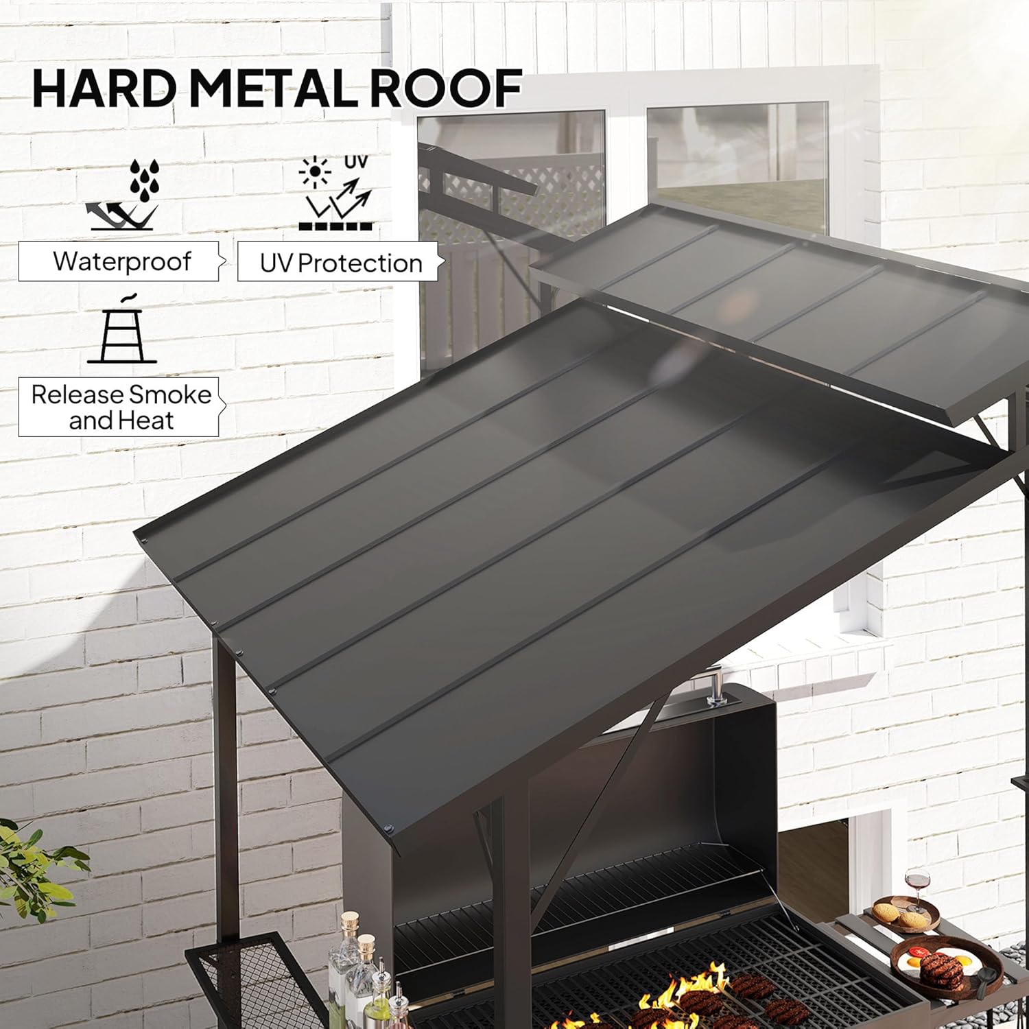 Outsunny 8' x 5' Hardtop Grill Gazebo, Outdoor BBQ Gazebo with Double Metal Roof, 2 Side Shelves and 10 Hooks, Grill Canopy for Patio Backyard Lawn Deck