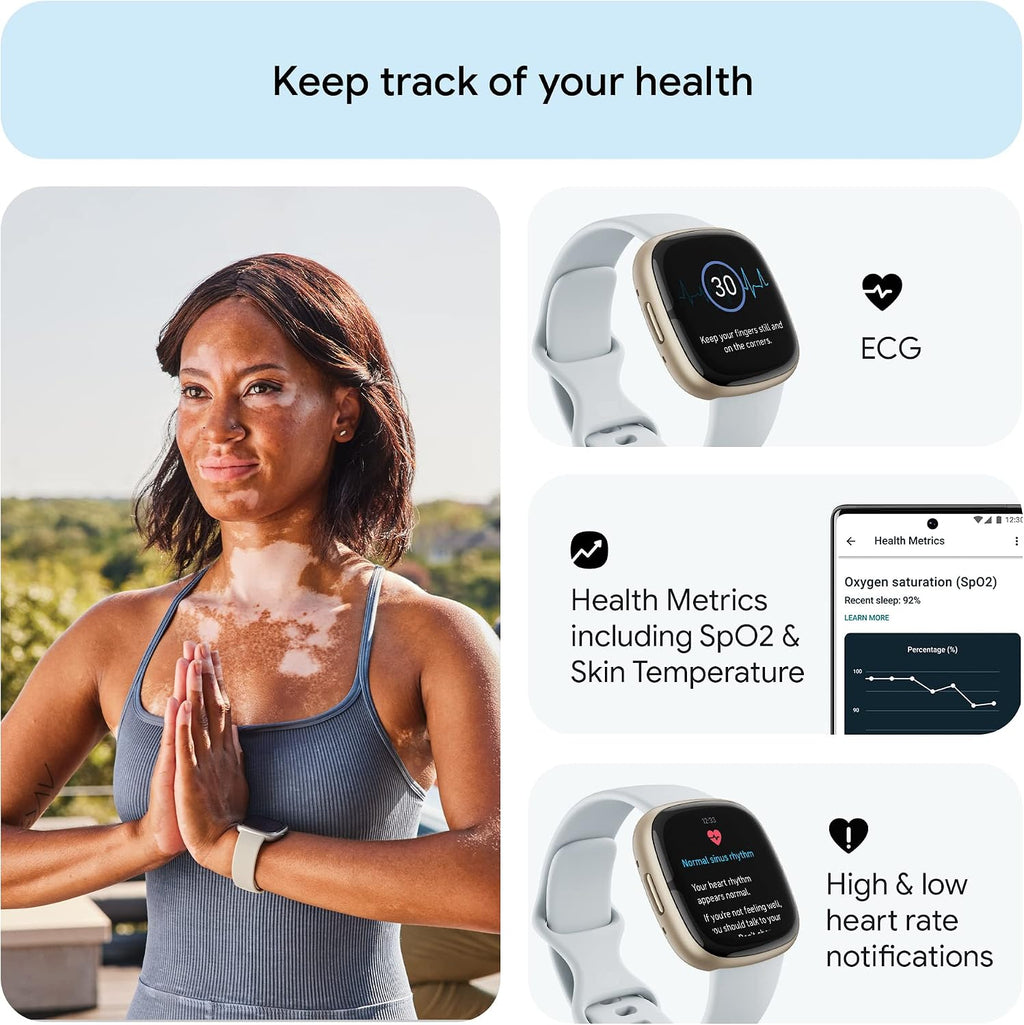 Fitbit Sense 2 Advanced Health and Fitness Smartwatch with Tools to Manage Stress and Sleep, ECG App, SpO2, 24/7 Heart Rate and GPS, Blue Mist/Pale Gold, One Size (S & L Bands Included)