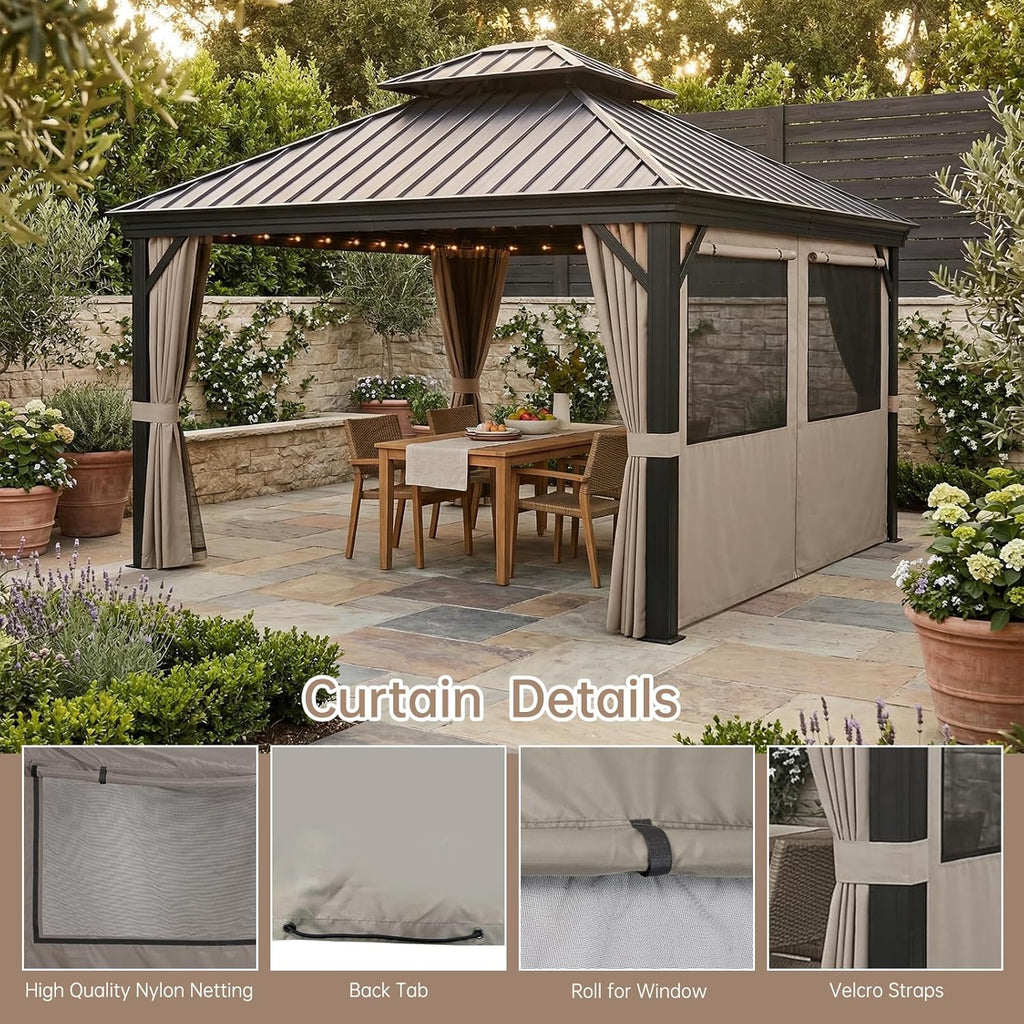 10'x12' Gazebo Curtains Outdoor Waterproof, 4-Panels Privacy Replacement Curtains with Net Windows & Zipper, Universal Sidewall Replacement for Garden, Patio, Backyard (Curtain Only, Brown)