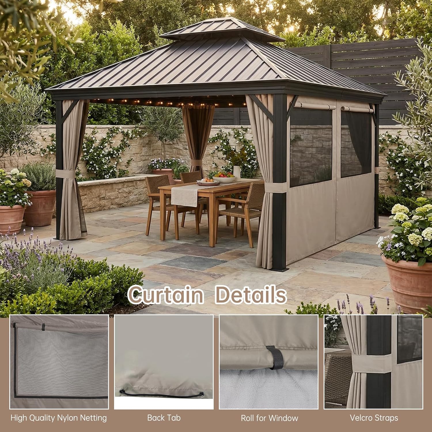 10'x12' Gazebo Curtains Outdoor Waterproof, 4-Panels Privacy Replacement Curtains with Net Windows & Zipper, Universal Sidewall Replacement for Garden, Patio, Backyard (Curtain Only, Brown)