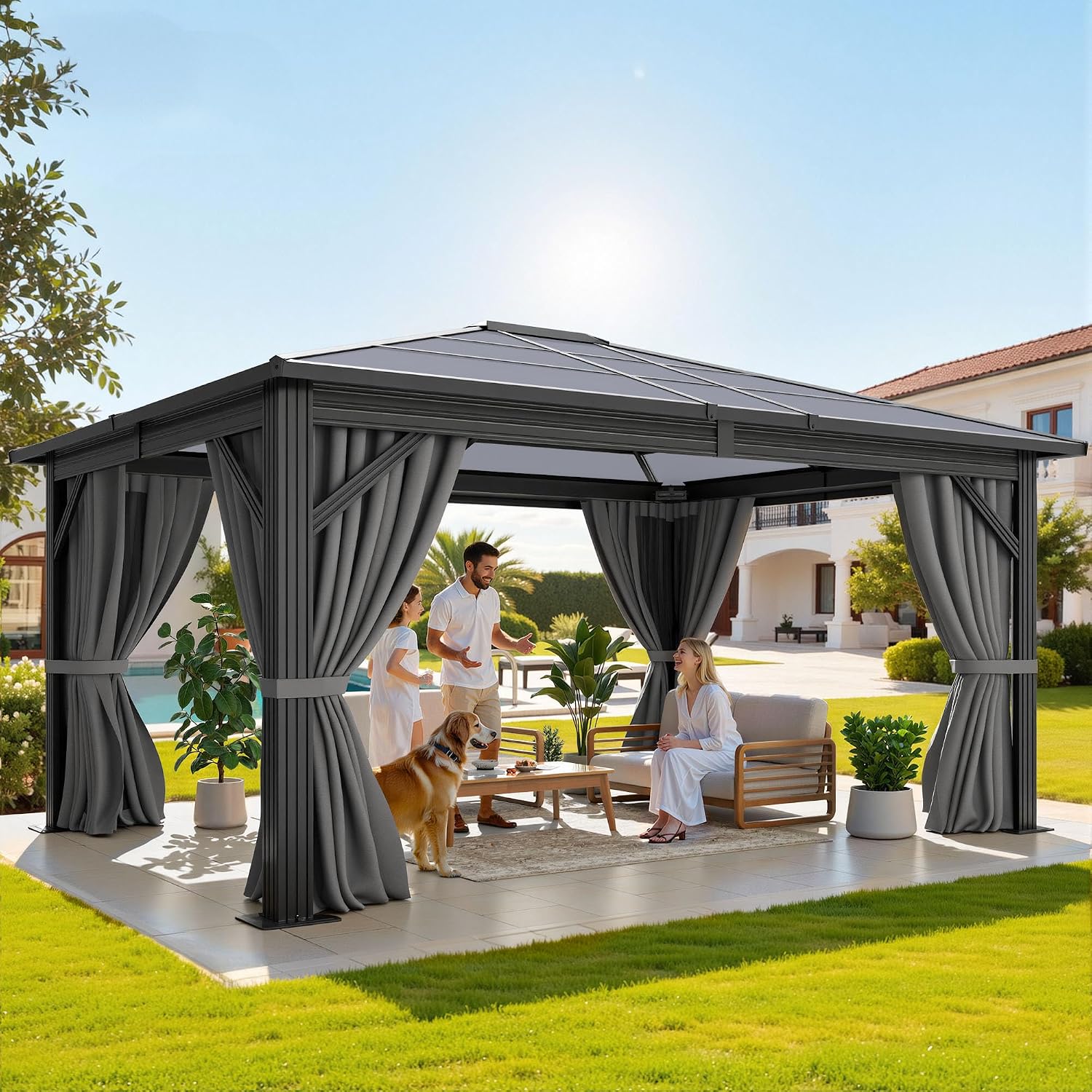 YITAHOME 10x12ft Polycarbonate Gazebo Single Top Outdoor with Netting and Shaded Curtains, Metal Frame Garden Tent for Patio, Backyard, Deck and Lawns, Gray