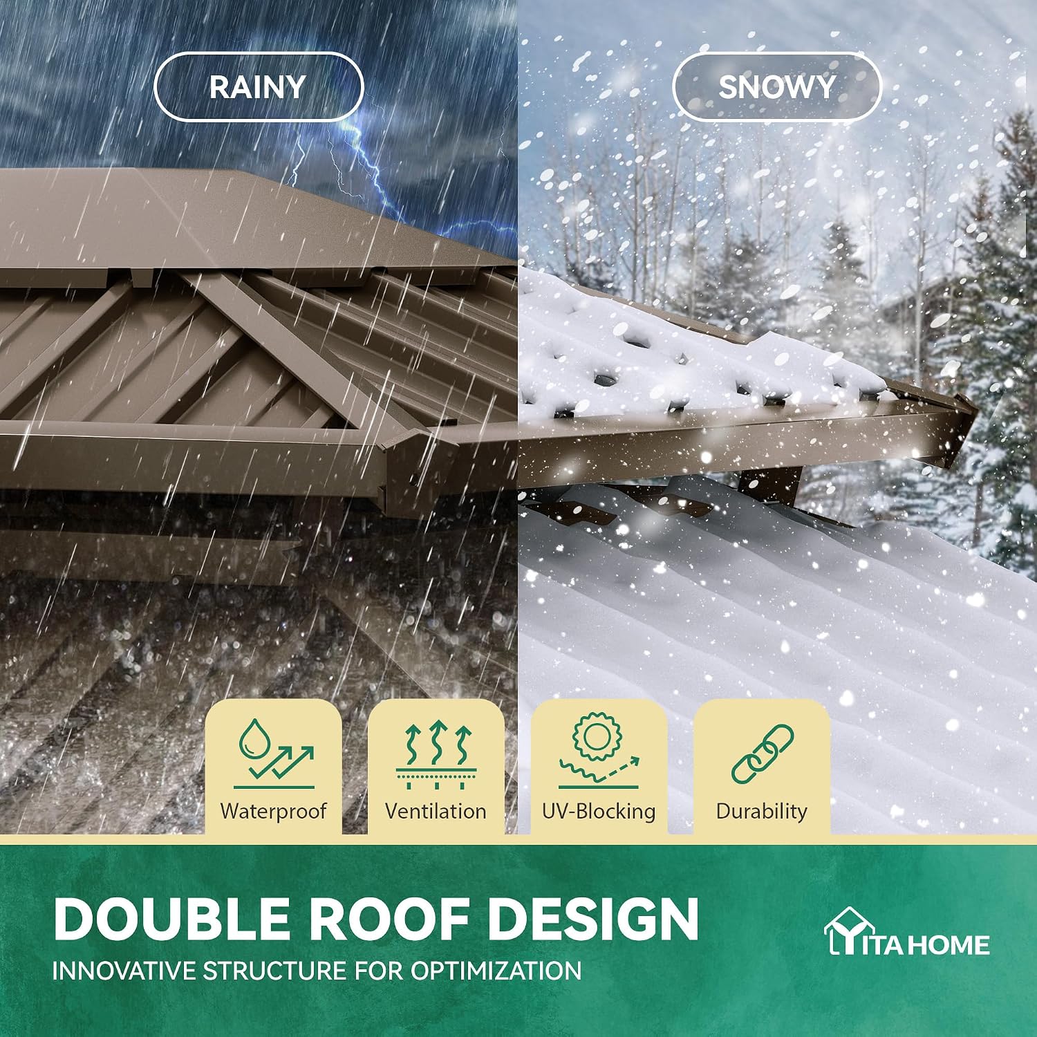 YITAHOME 10x12ft Hardtop Gazebo with Nettings and Curtains, Heavy Duty Double Roof Galvanized Steel Outdoor Combined of Horizontal Vertical Stripes Roof for Patio, Backyard, Deck, Lawn (Bronze)