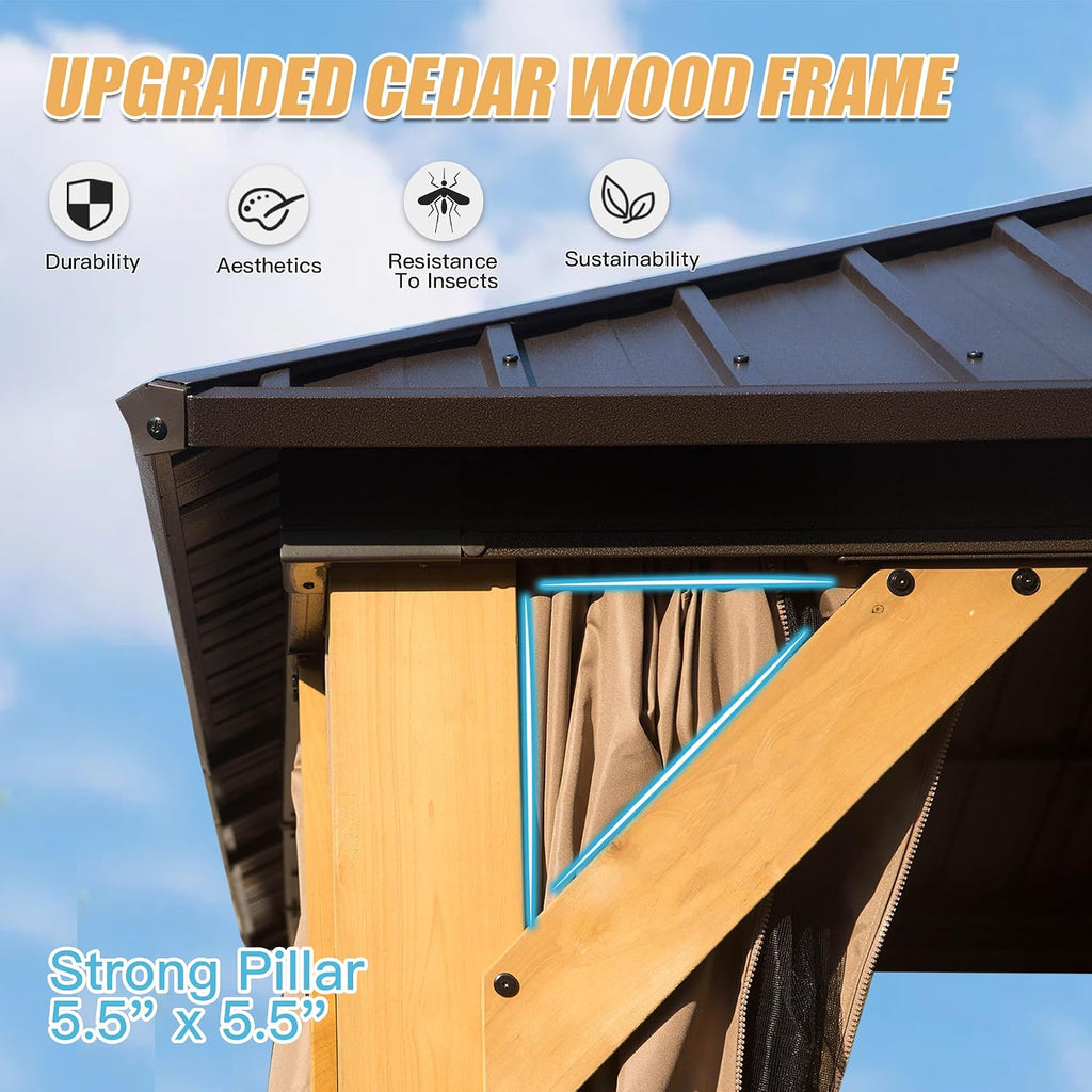 Domi 10' X 14' Wood Gazebo, Cedar Frame Hardtop Gazebo with Galvanized Steel Double Roof, Netting & Curtains, Patio Pergola Pavilion for Patio, Backyard, Deck, Lawns