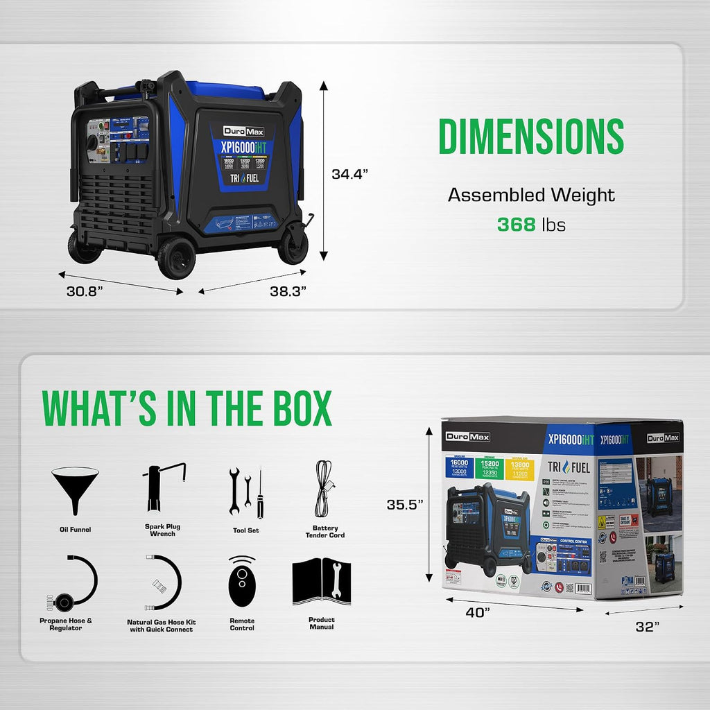 DuroMax XP16000iHT 16,000-Watt Tri Fuel Portable Digital Inverter Generator - Gas, Propane & Natural Gas, Remote Electric Start, Whole Home Power Backup, Transfer Switch Ready, RV & Emergency Ready