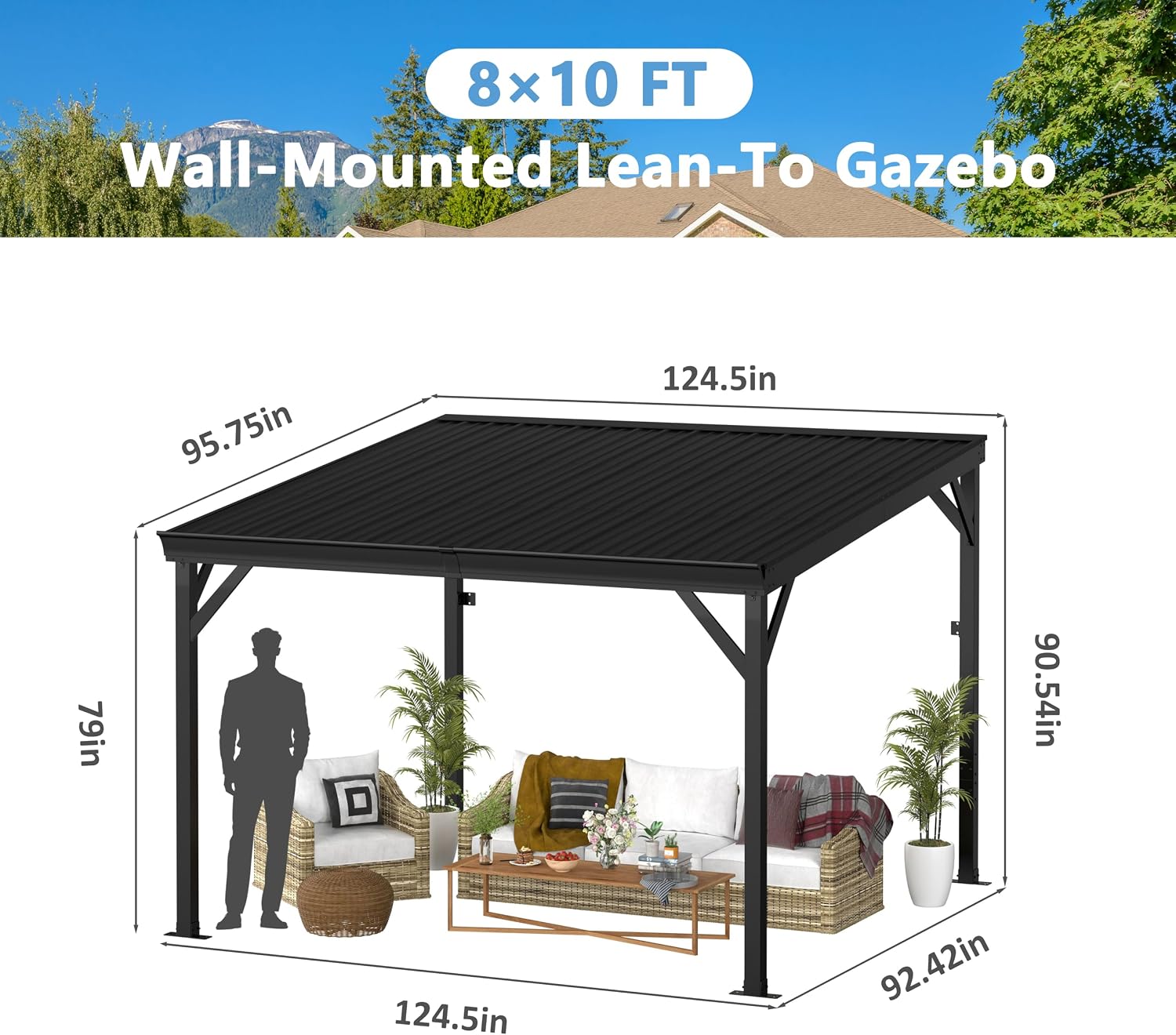 Yardenaler 8x10 FT Wall Mounted Gazebo with Triangle Structure, Hardtop Lean to Gazebo with Aluminum Slope Roof, 3.15'x3.15' Post Outdoor Pergola with Drainage System for Patio, Backyard, Deck