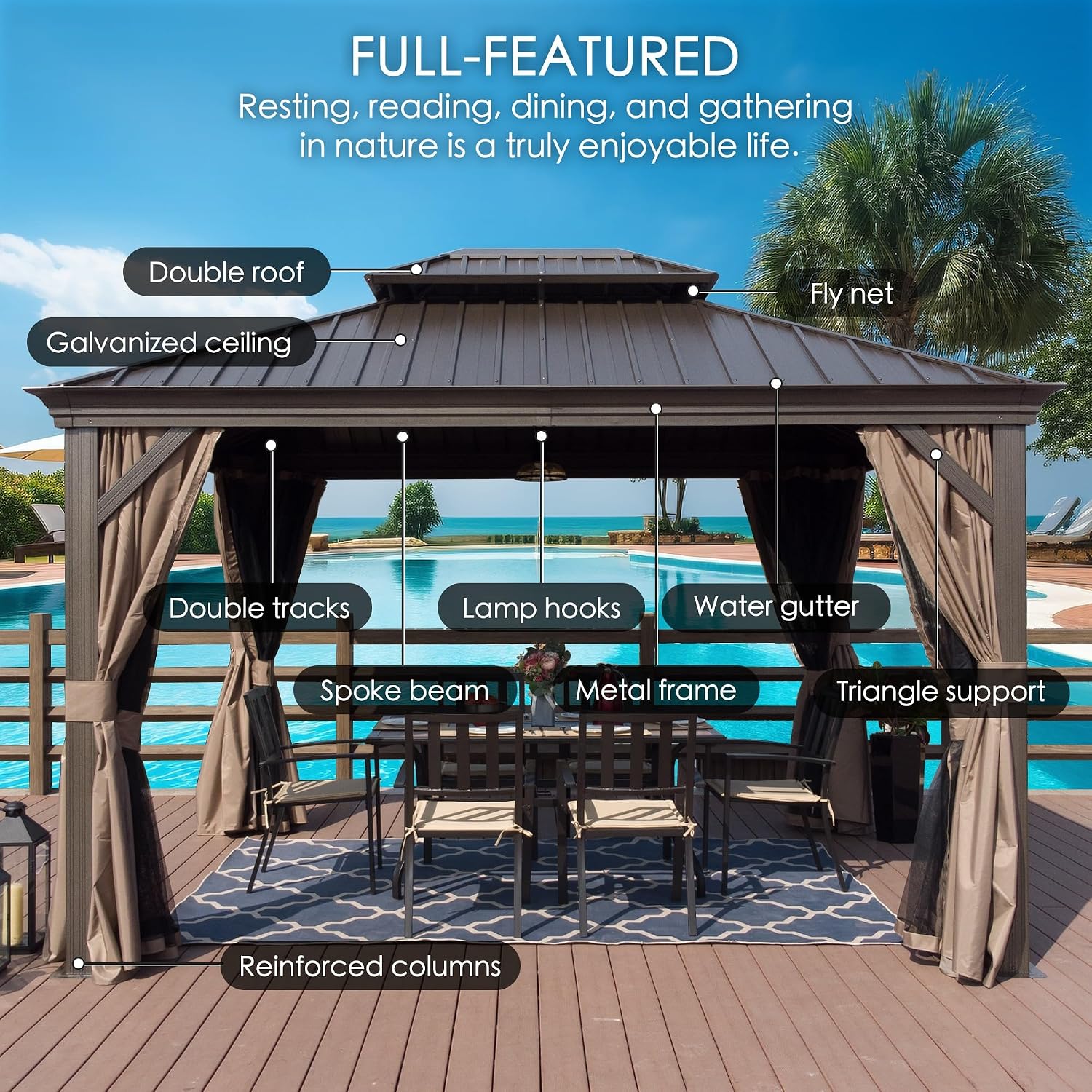 Kozyard Alexander 10' x 12' Hardtop Gazebo, Aluminum Frame with Galvanized Steel Double Roof, Outdoor Permanent Pavilion with Curtains and Netting for Patio, Backyard, Deck, Lawn(Brown)