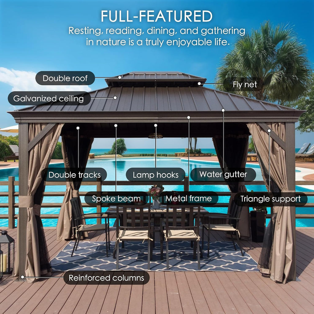 Kozyard Alexander 12' x 20' Hardtop Gazebo, Aluminum Frame with Galvanized Steel Double Roof, Outdoor Permanent Pavilion with Curtains and Netting for Patio, Backyard, Deck, Lawn (Brown)