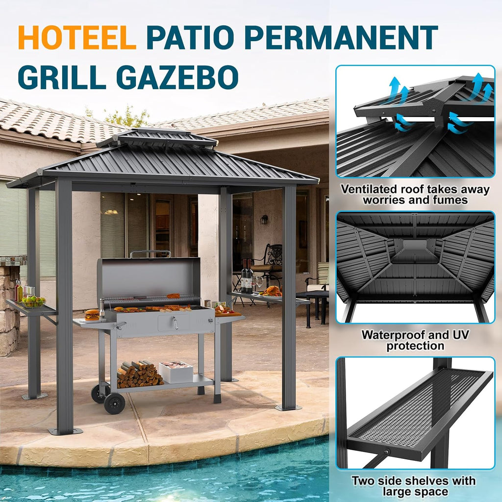 Hoteel 6x8 Hardtop Grill Gazebo, Outdoor Patio BBQ Gazebo with Galvanized Steel Double Roof, Hardtop Barbecue Canopy with 2 Side Shelves for Deck Lawn Backyard Garden,Black