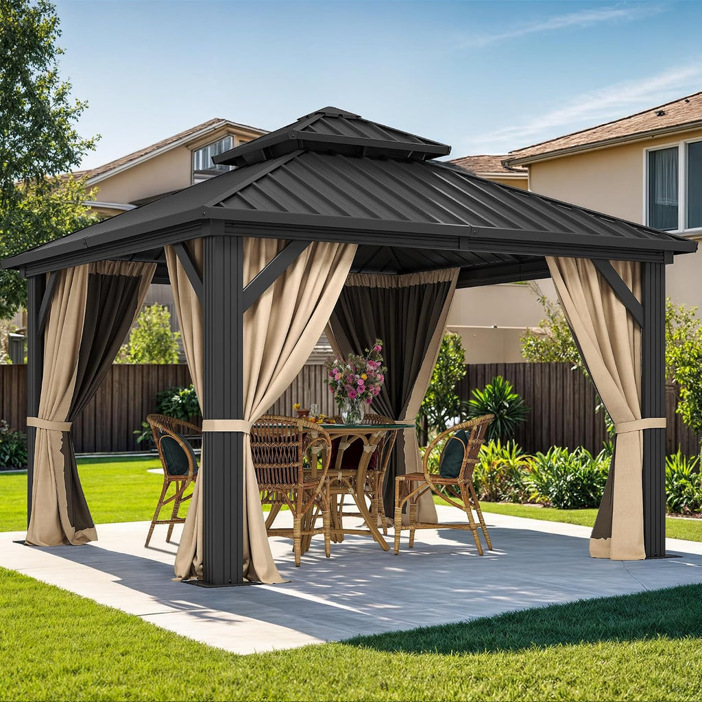 DWVO 10x10ft Hardtop Gazebo Double Roof with Nettings and Curtains, Heavy Duty Galvanized Steel Outdoor Vertical Stripes Roof for Patio, Backyard, Deck, Lawns, Brown