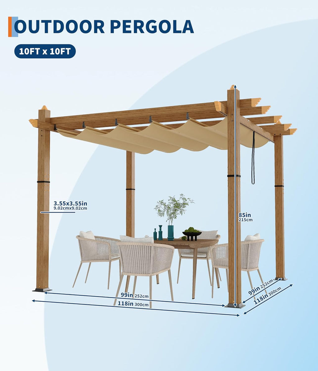 GarveeLife 10 x 10 ft Wood-Grain Aluminum Pergola Outdoor Gazebo with Retractable Canopy Sun Shade Shelter for Garden, Patio, Backyard, Deck - Khaki