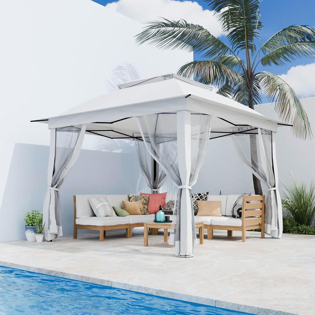 11'X11' Gazebo Pop Up with 4 Sidewalls Mosquito Netting, Heavy Duty Patio Gazebo Canopy Tent with Double Air Roofs for Backyards, Patios, Decks, Gardens, Parks