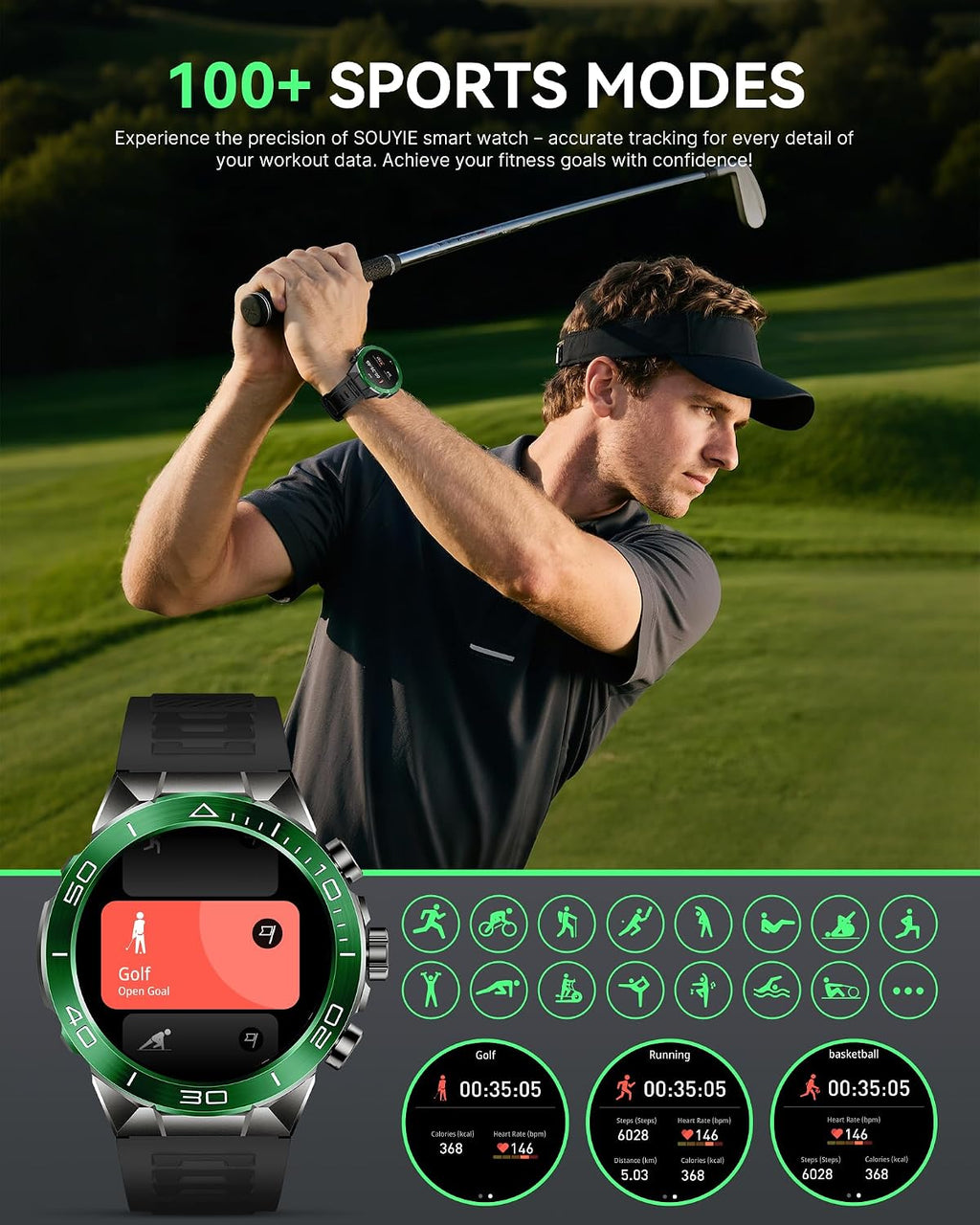 SOUYIE Men's Luxury Smart Watch - 1.43' AMOLED Display Smartwatch with HD Bluetooth Calling, 400mAh 30-Day Battery, 100+ Sports Modes, Health Monitor with Metal/Silicone Straps for Android iPhone