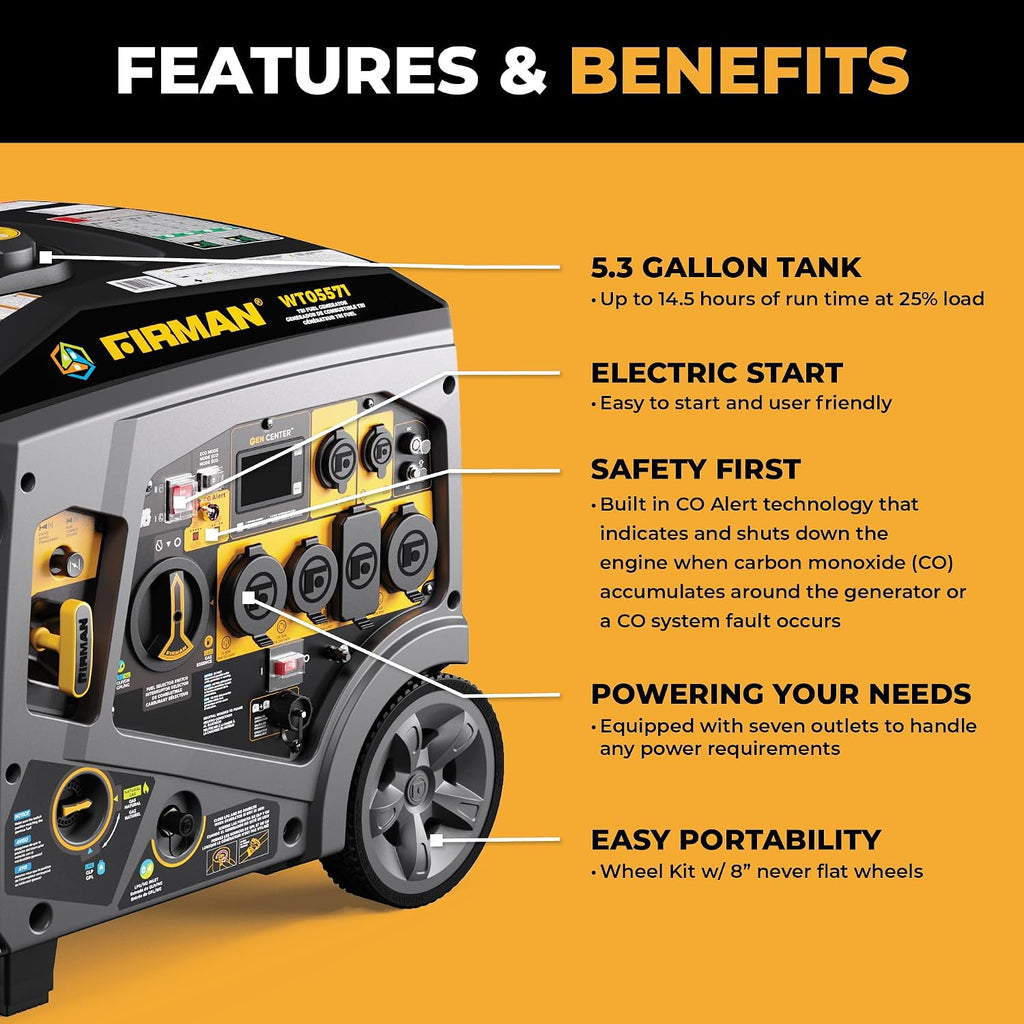 FIRMAN WT05571 Tri Fuel Inverter Portable Generator, 6850W Electric Start, Gas, Propane, Natural Gas Power, Whisper Series Quiet Operation, CO Alert Safety, RV Ready 120 240V Backup Generator