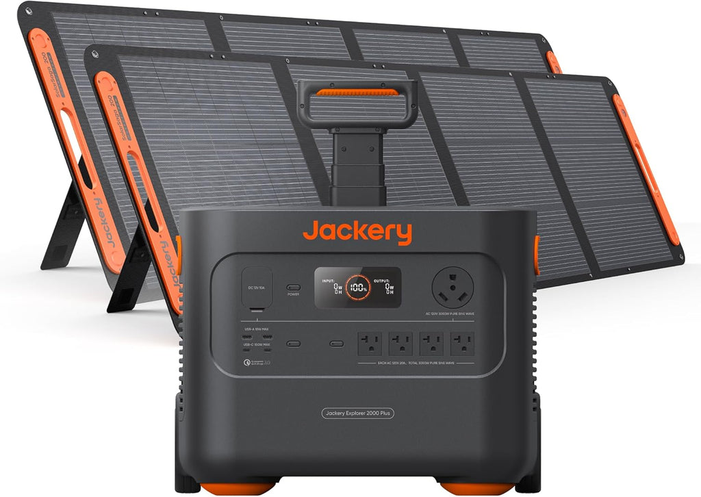 Jackery Explorer 2000 Plus Portable Power Station with 2x 200W Solar Panels, 2042Wh LiFePO4 Solar Generator, 3000W AC Output, Expandable to 24kWh, UPS Home Backup for Camping RV Off-Grid Emergency