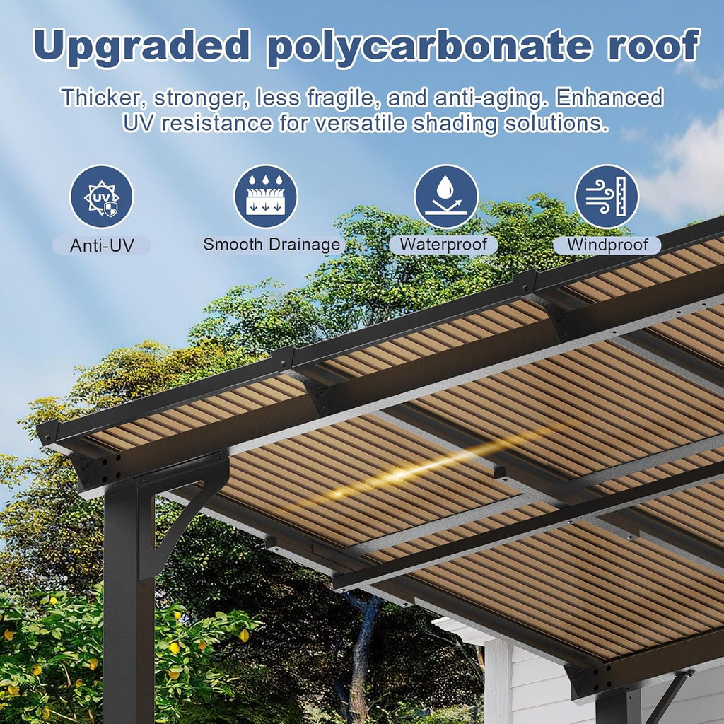 MEISSALIVVE 8' x 12' Wall Mounted Gazebo, Outdoor BBQ Grill Gazebo with Side Shelf, Lean to Metal Awnings with Sloped Roof, Heavy Duty Pergola for Backyard, Deck, Black