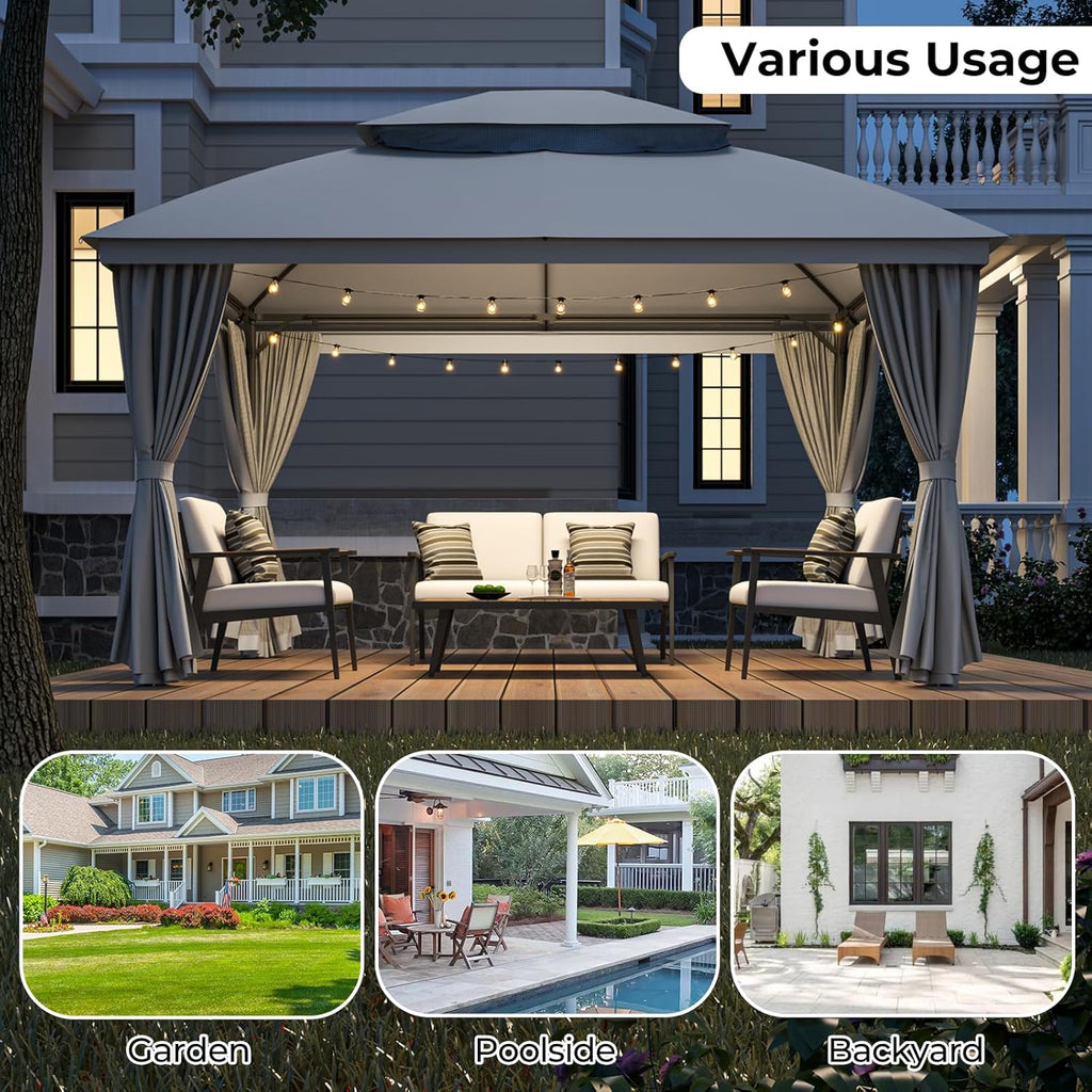 LuxaDomus Outdoor Gazebo 10'×13' for Patio, Metal Frame Canopy with Double Roofs, Heavy Duty Party Tent with Mosquito Netting and Curtains for Backyard, Garden, Lawn and Deck, Grey