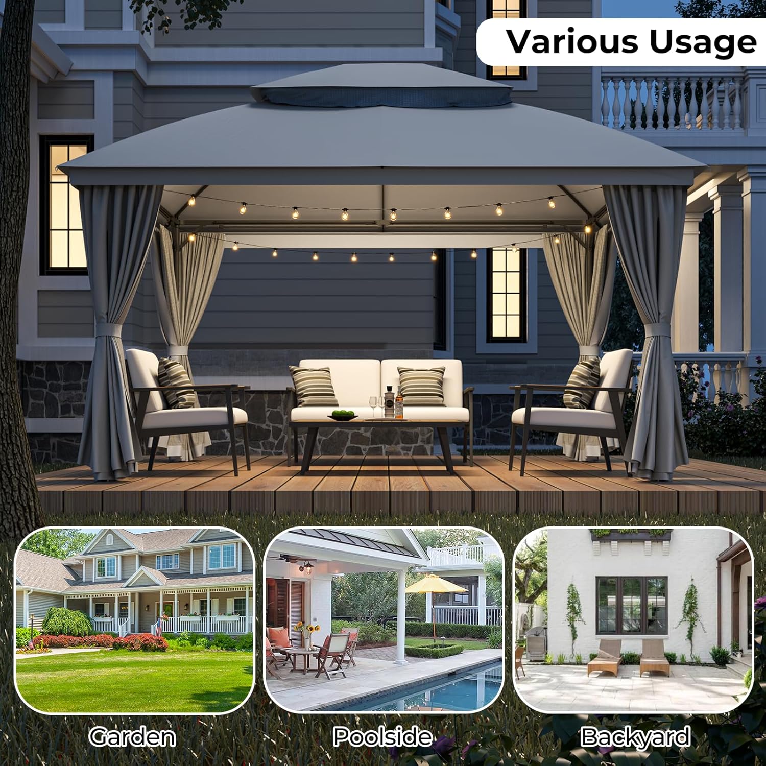 LuxaDomus Outdoor Gazebo 10'×13' for Patio, Metal Frame Canopy with Double Roofs, Heavy Duty Party Tent with Mosquito Netting and Curtains for Backyard, Garden, Lawn and Deck, Grey