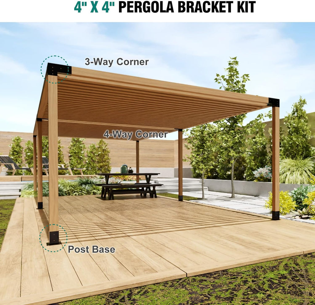 HAYOHRT Pergola Brackets, Woodworks Pergola Kit 4PC 3-Way Corner Bracket & 2PC 4-Way Bracket & 4PC Post Base for 4x4'' (Actual: 3.5x3.5'') Wood Beams Elevated Wood Stand Kit Pergola/Gazebo Kit