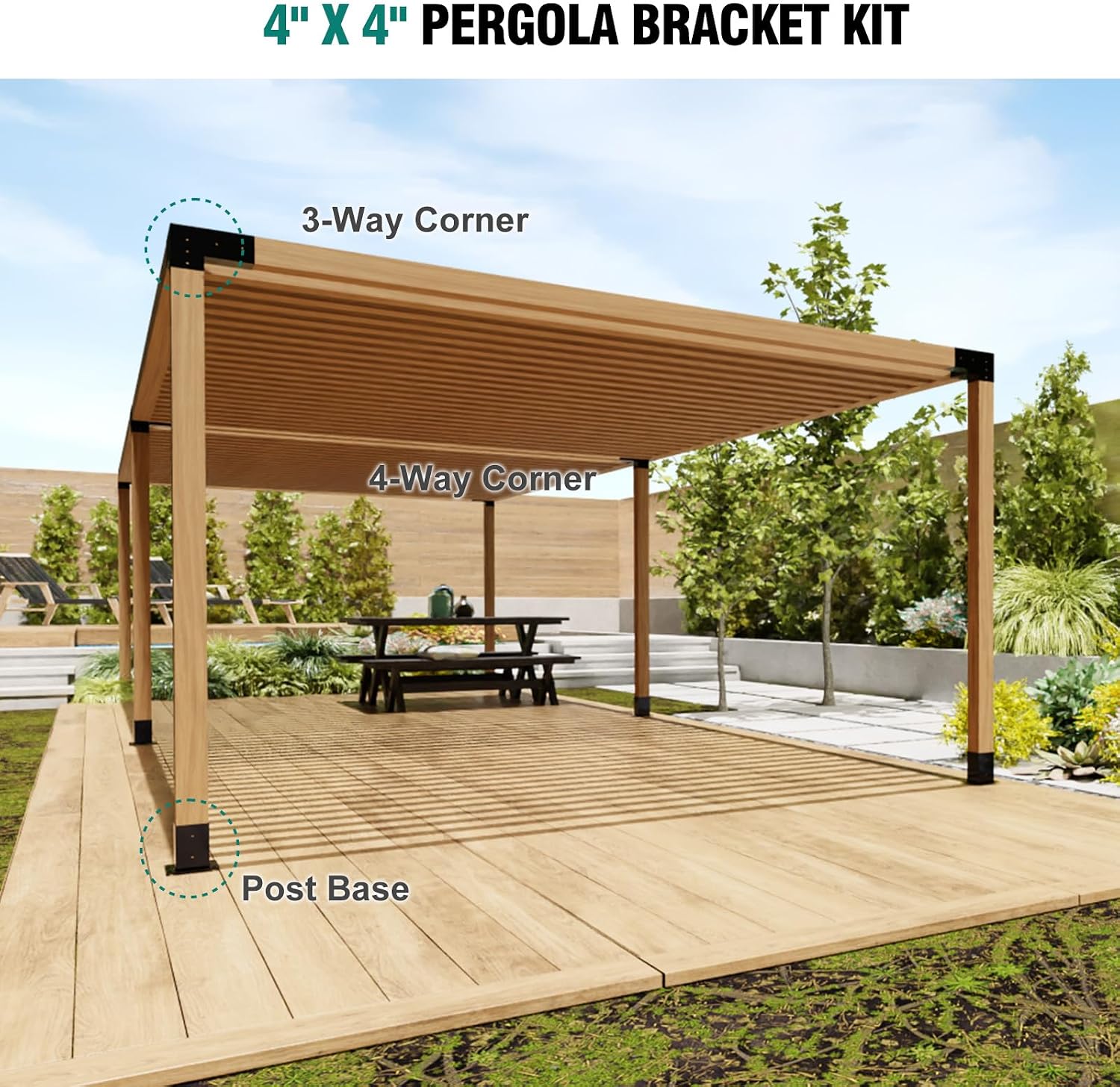HAYOHRT Pergola Brackets, Woodworks Pergola Kit 4PC 3-Way Corner Bracket & 2PC 4-Way Bracket & 4PC Post Base for 4x4'' (Actual: 3.5x3.5'') Wood Beams Elevated Wood Stand Kit Pergola/Gazebo Kit