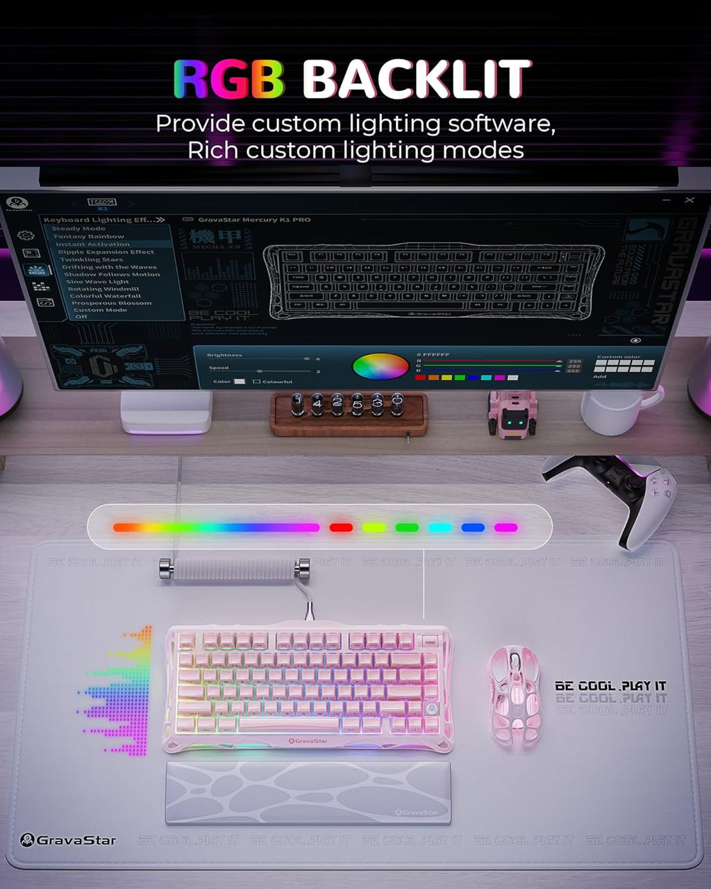 GravaStar Mercury K1 75% Pink Wireless Keyboard, Aluminum Alloy Exoskeleton Design Mechanical Gaming Keyboard, Gasket Hot-Swap Socket, Linear Switches, RGB Backlit