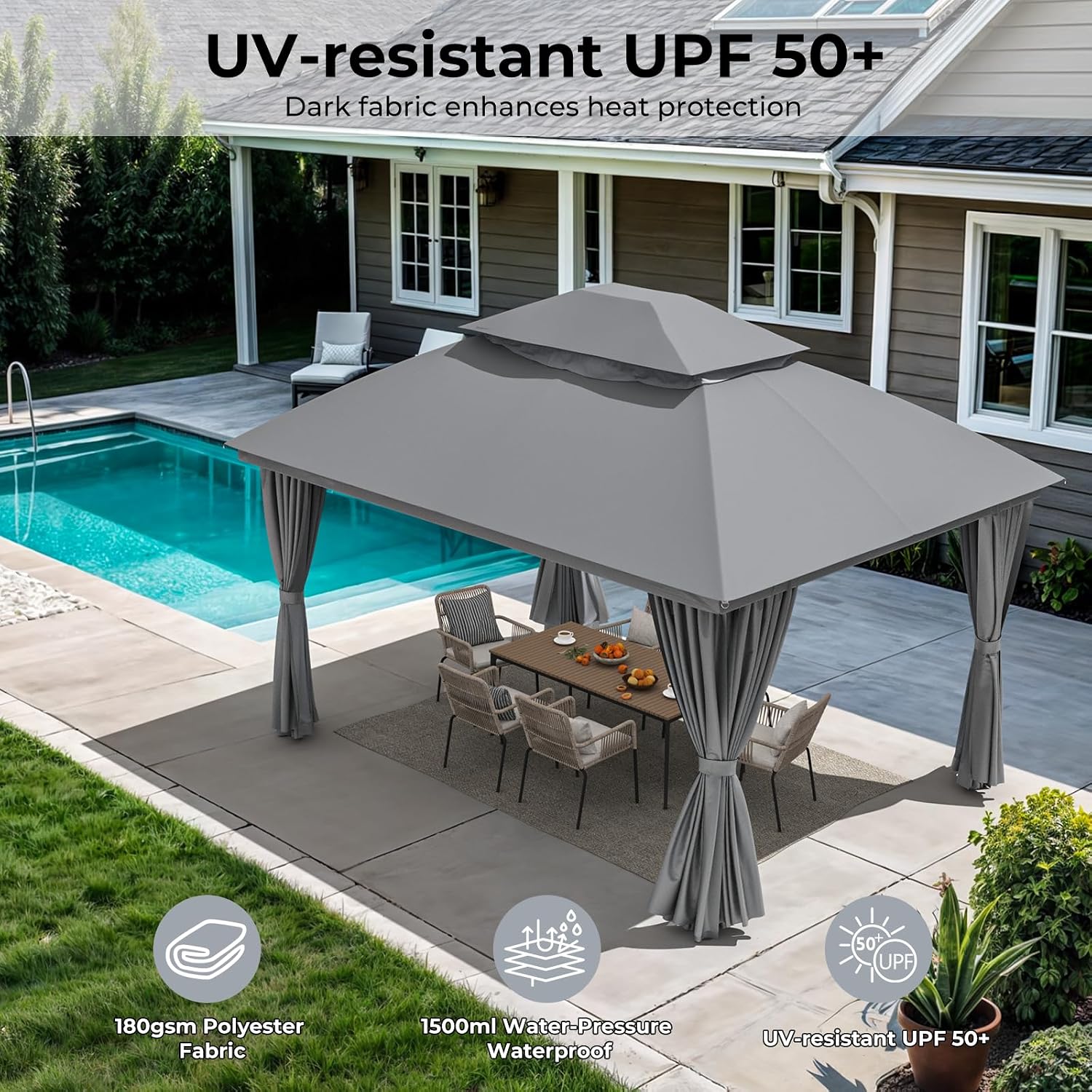 LuxaDomus Outdoor Gazebo 10'×10' for Patio, Metal Frame Canopy with Double Roofs, Heavy Duty Party Tent with Mosquito Netting and Curtains for Backyard, Garden, Lawn and Deck, Grey