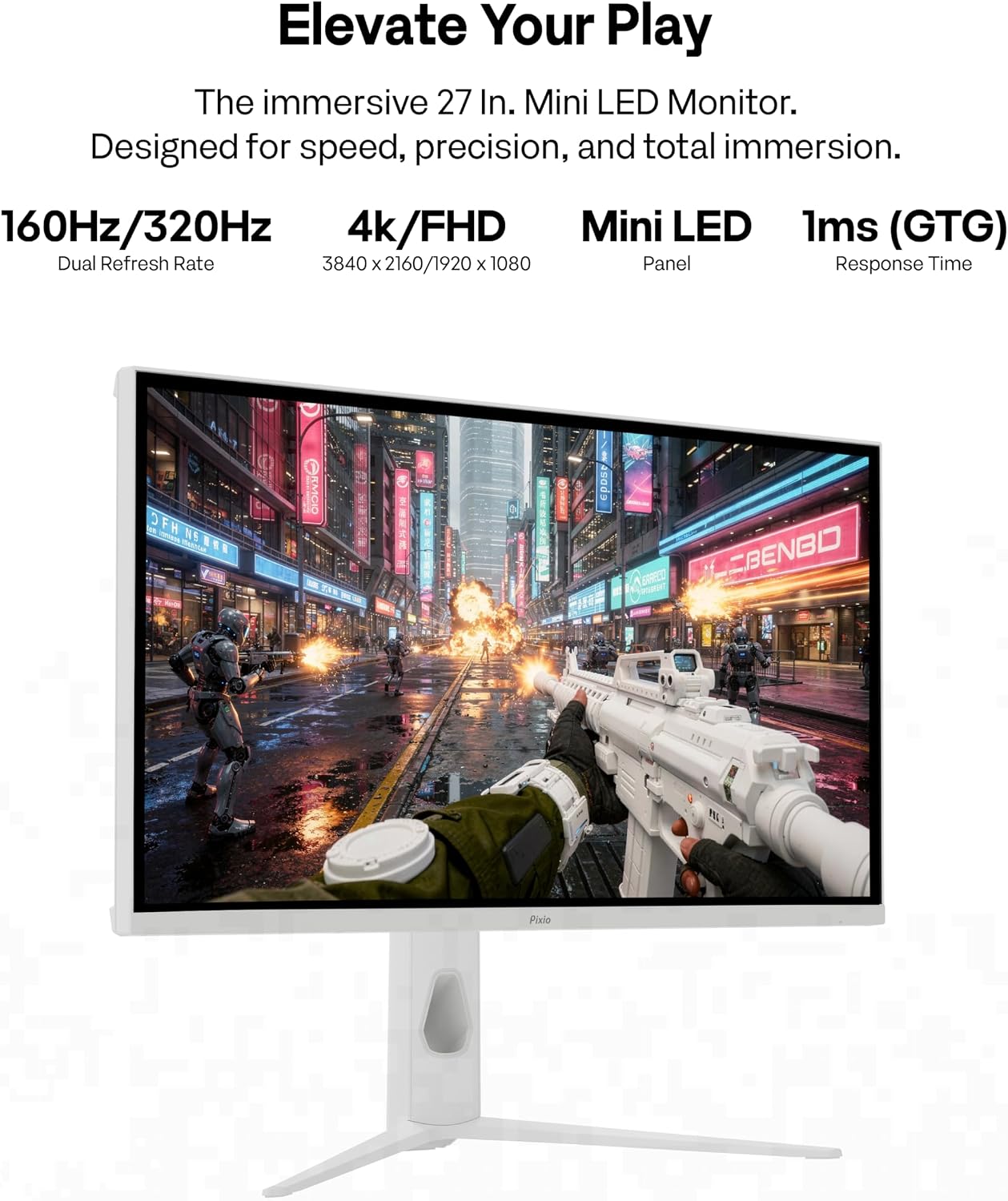 Pixio PX27UM Mini LED White 27 inch Dual Mode UHD 4K 160Hz/FHD 1920x1080 320Hz Fast IPS Panel 1ms GTG Response Time Gaming Monitor with Adaptive Sync HDR and Fully Adjustable Stand
