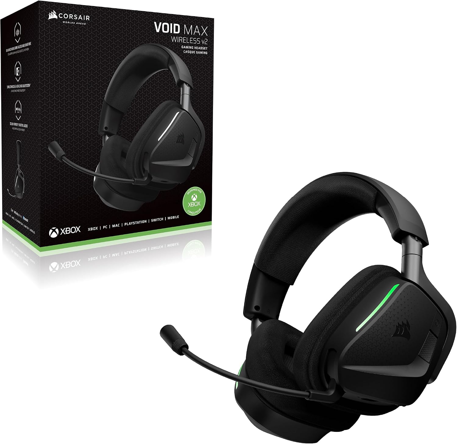 Corsair Void v2 MAX Wireless Multiplatform Gaming Headset for Xbox Series X|S, Xbox One, PC, PS5, PS4, Switch 2, Mobile - Simultaneous 2.4GHz+Bluetooth, 70Hr Battery, Clear Microphone - Carbon
