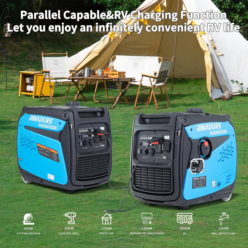 RAD 6000iE Portable Generator, 5500W Peak / 5000W Rated, 223cc Engine, ECO Mode, CO Detection, Ideal for RV and Home Backup Power