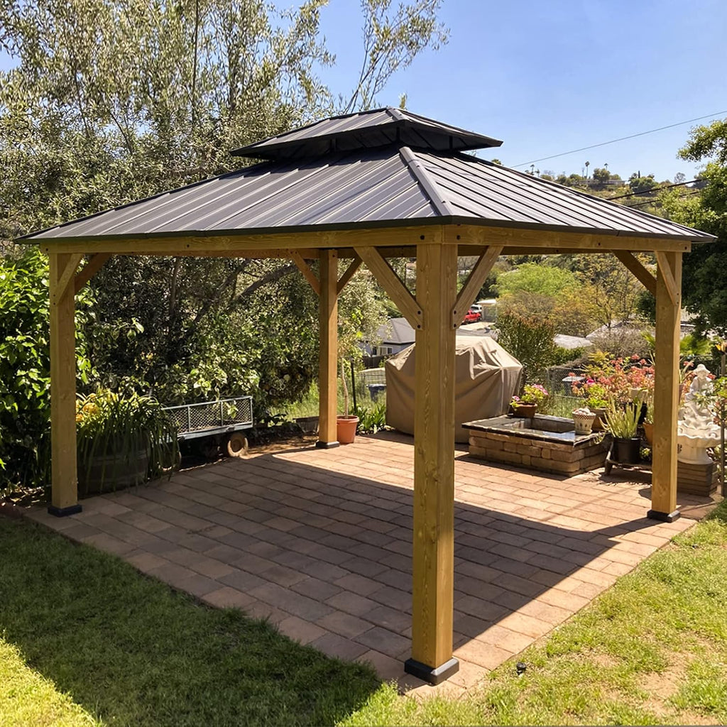 EAGLE PEAK 11x13 Hardtop Gazebo, Glavanized Steel Double Roof with Cedar Wood Frame, Outdoor Pavilion for Patio, Deck, Lawn and Garden, Natural Wood/Black