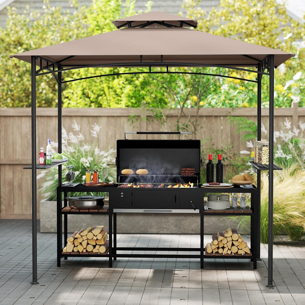 Tangkula 8x5 Ft Grill Gazebo, 2-Tier Barbecue Gazebo with 2 Shelves, 6 Hooks, Metal Frame, Outdoor Grill Canopy for Backyard Garden Poolside (Brown)