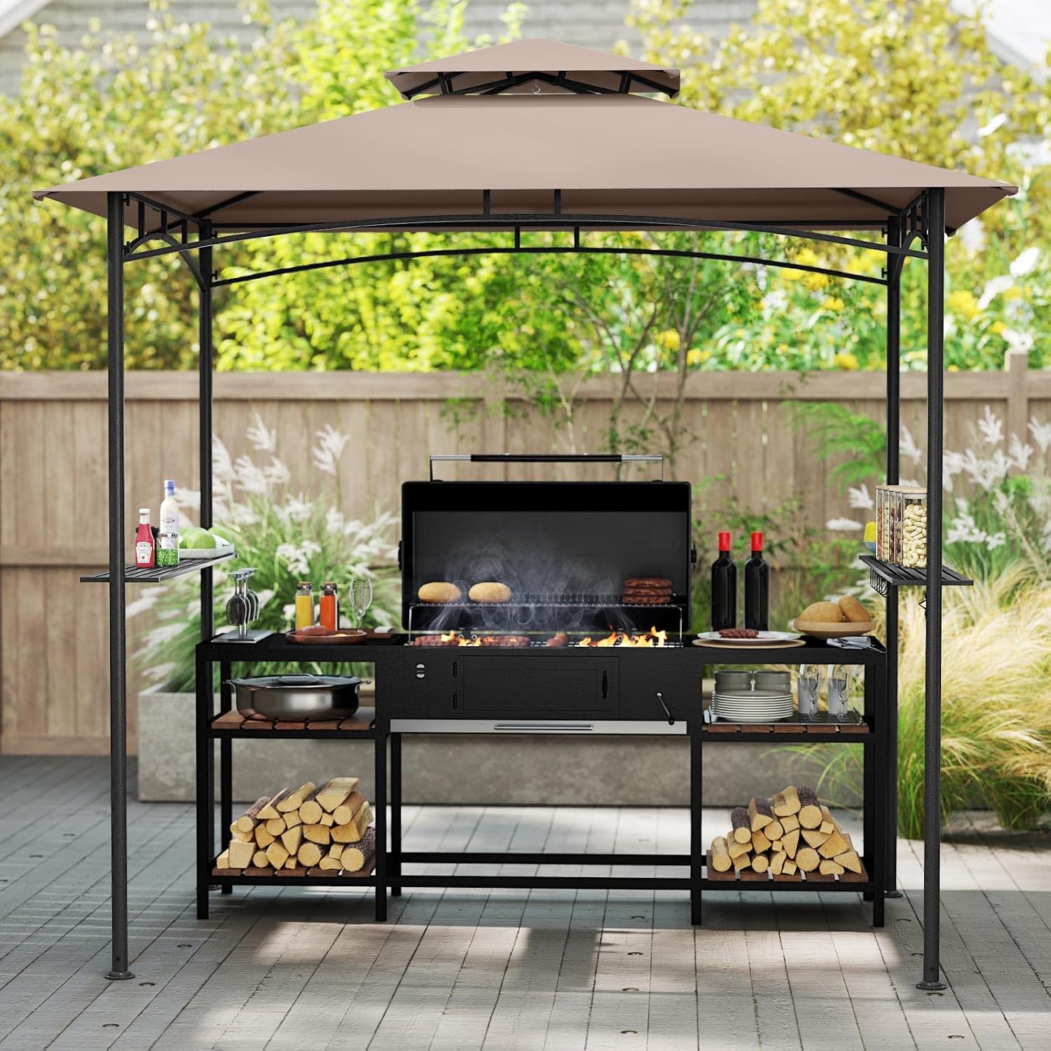 Tangkula 8x5 Ft Grill Gazebo, 2-Tier Barbecue Gazebo with 2 Shelves, 6 Hooks, Metal Frame, Outdoor Grill Canopy for Backyard Garden Poolside (Brown)