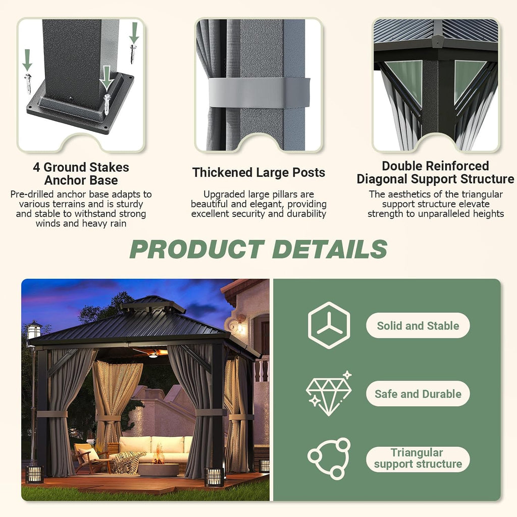Polar Aurora 10'x10' Outdoor Gazebo Hardtop Grill Gazebo Aluminum Galvanized Steel Double Roof Outdoor Pergola Include Curtain and Netting for Backyard, Patio, Lawn