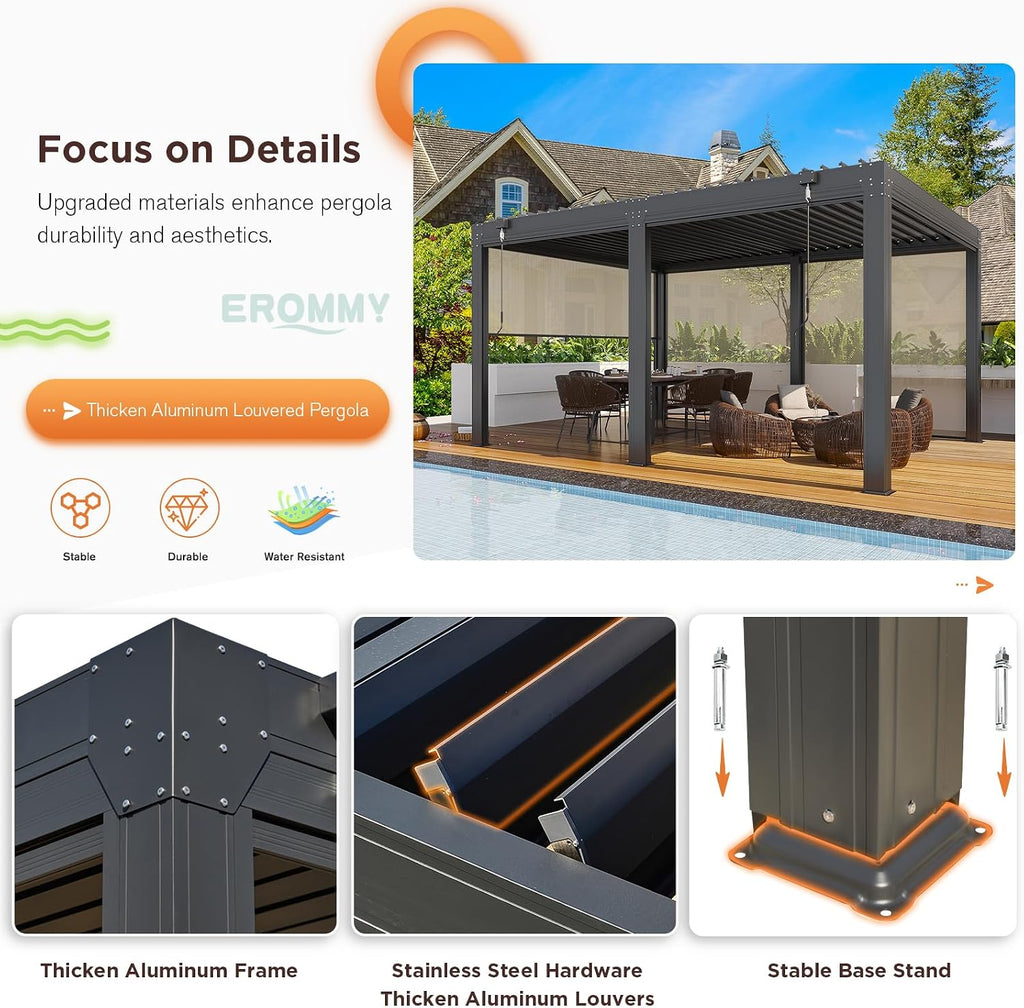 EROMMY 12x20 Louvered Pergola with Side Pull-Down Screen, Outdoor Aluminum Pergola with Thickened Frame and Adjustable Metal Rainproof Roof for Deck Patio Garden Yard, Black-Gray