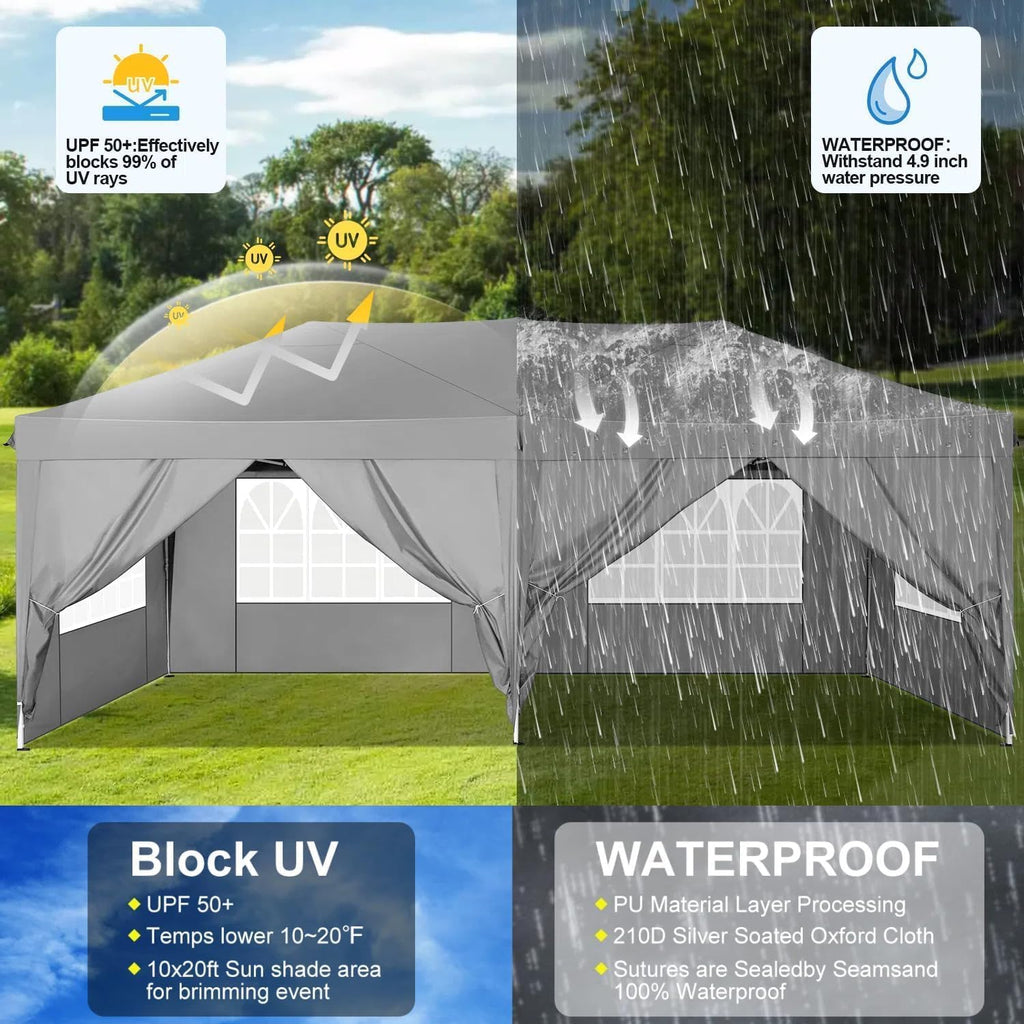 COBIZI 10x20 Pop Up Canopy Tent with 6 Sidewalls Party Tents for Parties Weddings Backyard Waterproof Commercial Instant Outdoor Events Tent with Stakes, Ropes（10 x 20 ft Gray