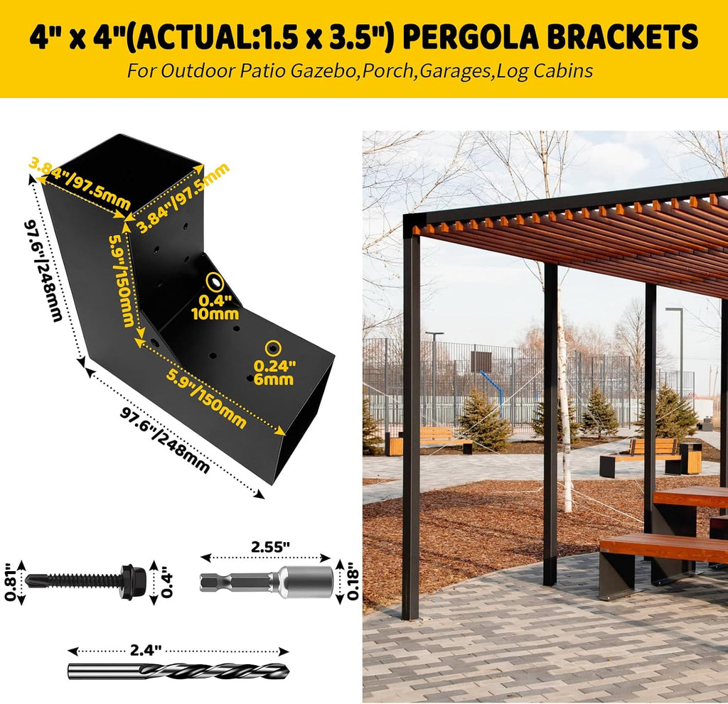 2-Way Pergola Brackets Kit, DIY L-Shaped Woodwork Brackets for 4' x 4' (Actual:3.5'x3.5') Lumber for Patio Pergolas, Gazebos, Log Cabin W/Hardware - 4 Pack