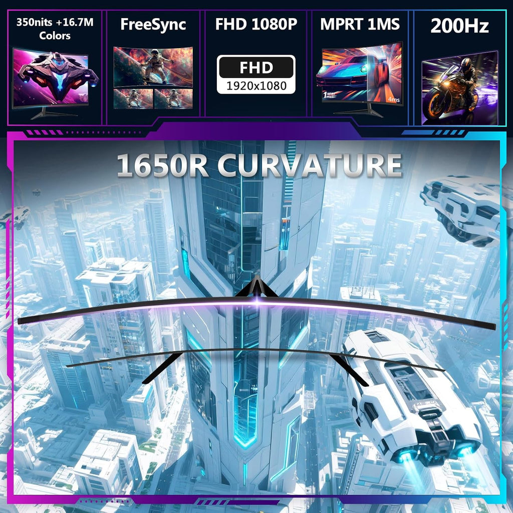 Z-Edge 24 inch Gaming Monitor, 200Hz 165Hz Curved 1650R Computer Monitor, FHD 1080P, Ultra-Fast MPRT 1ms Curved Monitor, 300nits, 16.7M Colors, UG24 1X DP 1.4 Port and 1X 2.0 HDMI Port