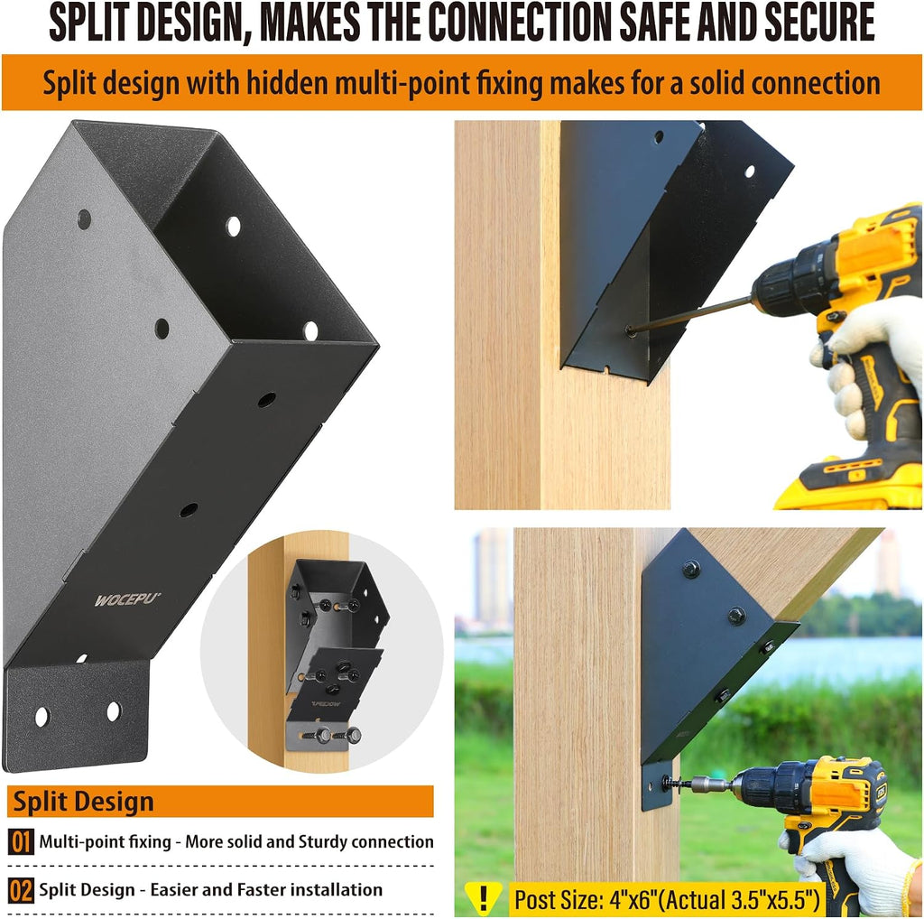 4pack 45 Degree Angle Support Bracket, for 4x6 (Actual 3.5''x5.5'') Pergolas, Gazebo, Deck Porch, Cabin Elevated Wood Support Kit (Frosted-Black)