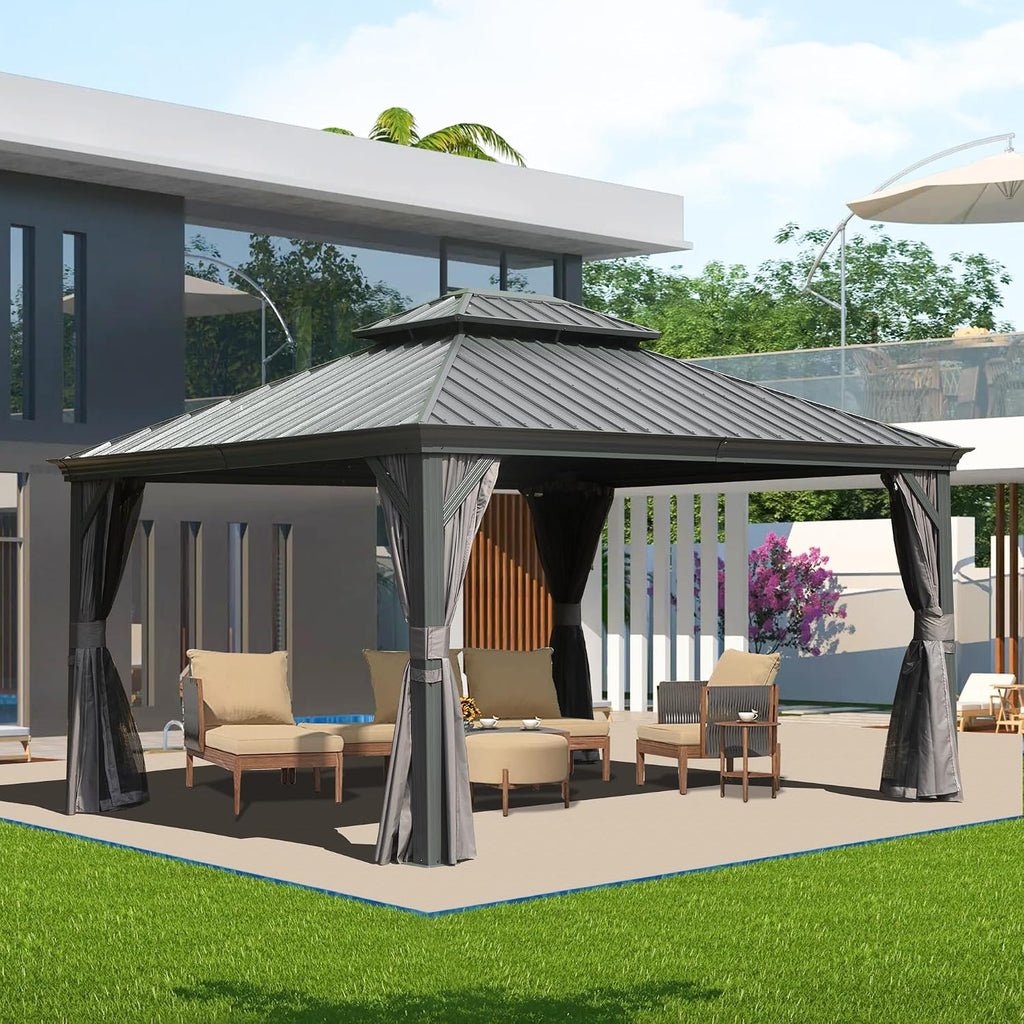 Domi 10' X 14' Hardtop Gazebo Metal Gazebo Canopy with Galvanized Steel Double Roof, Aluminum Frame, Curtains and Netting for Patio, Deck, Garden, Outdoor Shelter, Grey
