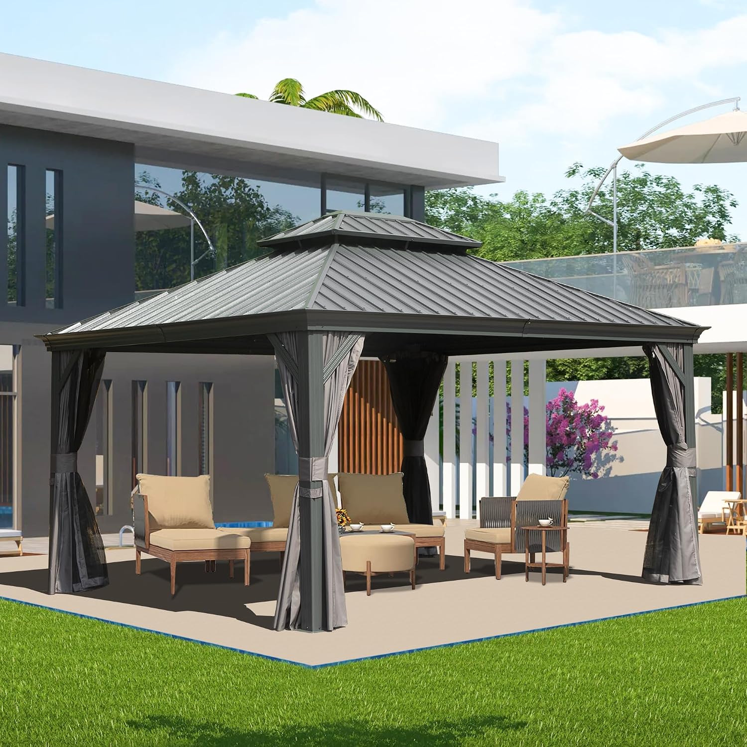 Domi 10' X 14' Hardtop Gazebo Metal Gazebo Canopy with Galvanized Steel Double Roof, Aluminum Frame, Curtains and Netting for Patio, Deck, Garden, Outdoor Shelter, Grey