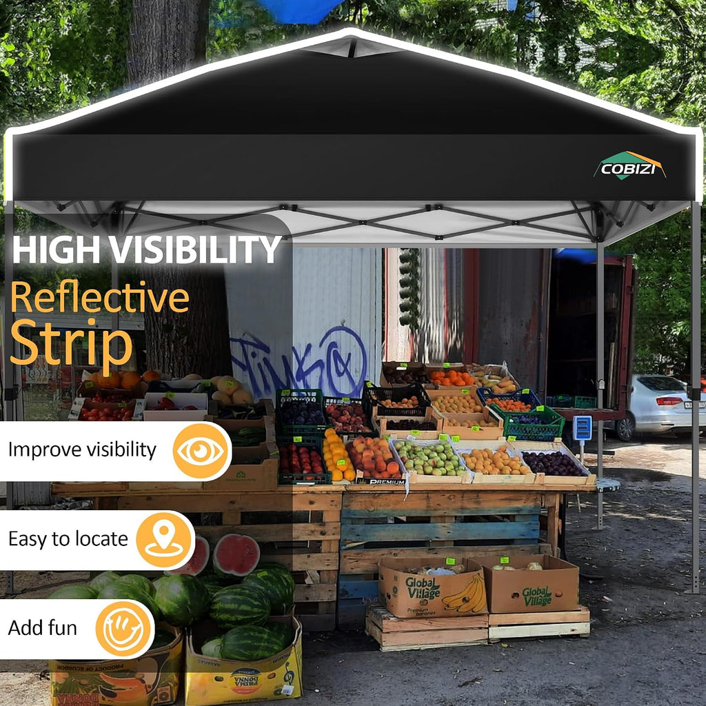 COBIZI Canopy 10x10 Pop Up Canopy Tent 1-Button Push Easy up Outdoor Canopy Instant Portable Commercial Shelter Waterproof UPF50+ Gazebo with Reflective Strip, Air Vent & 4 Sandbags,Black