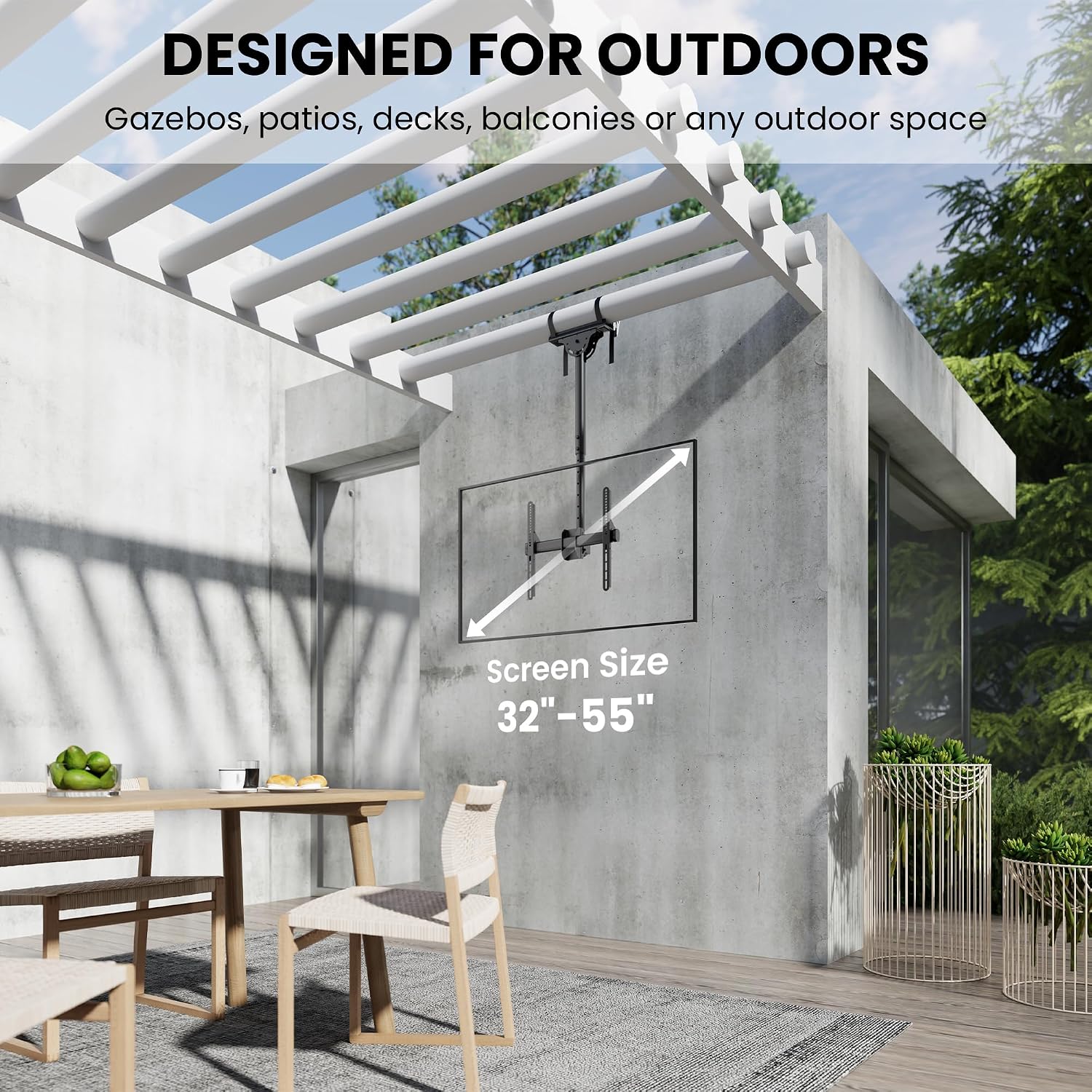 ZeboZap ZZTVC2144 Full Motion Outdoor Ceiling TV Mount Height Adjustable Hanging Mount for Patio Gazebo or Pergola Fits 32 to 55 Inch TVs with Tilt Swivel Flip Down Holds Up to 110 Pounds